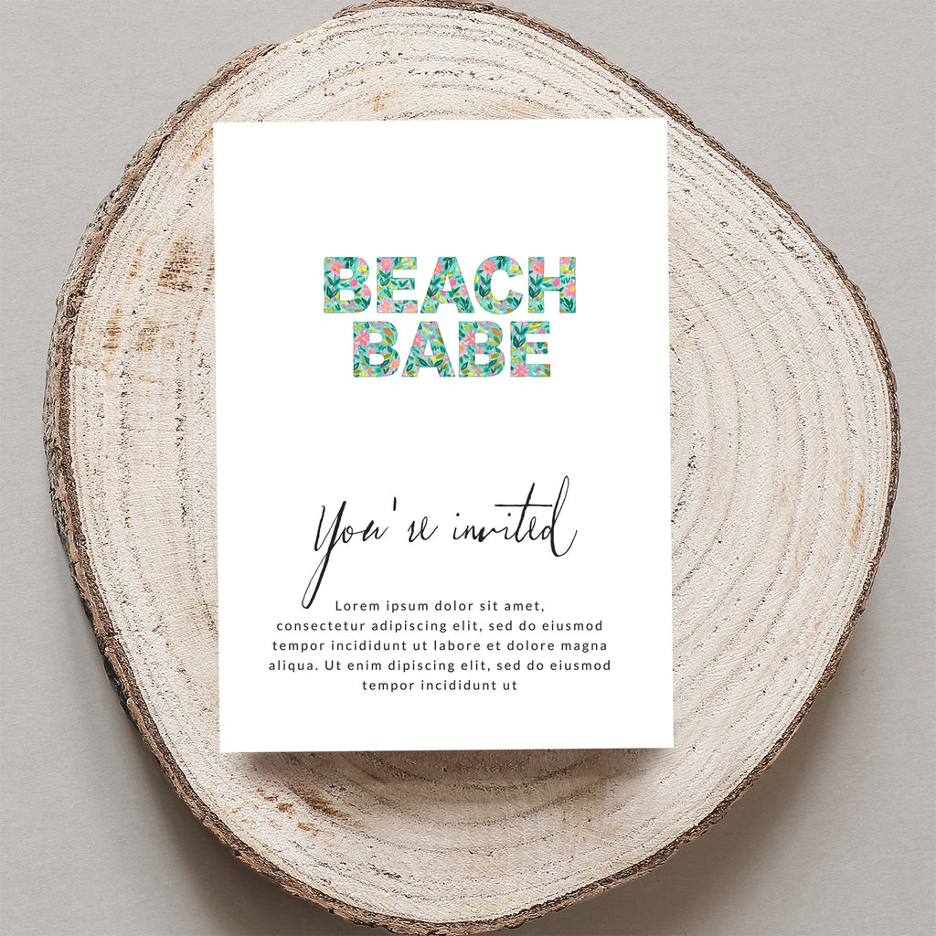 Beach Babe invitation with "You're invited" text and placeholder copy.