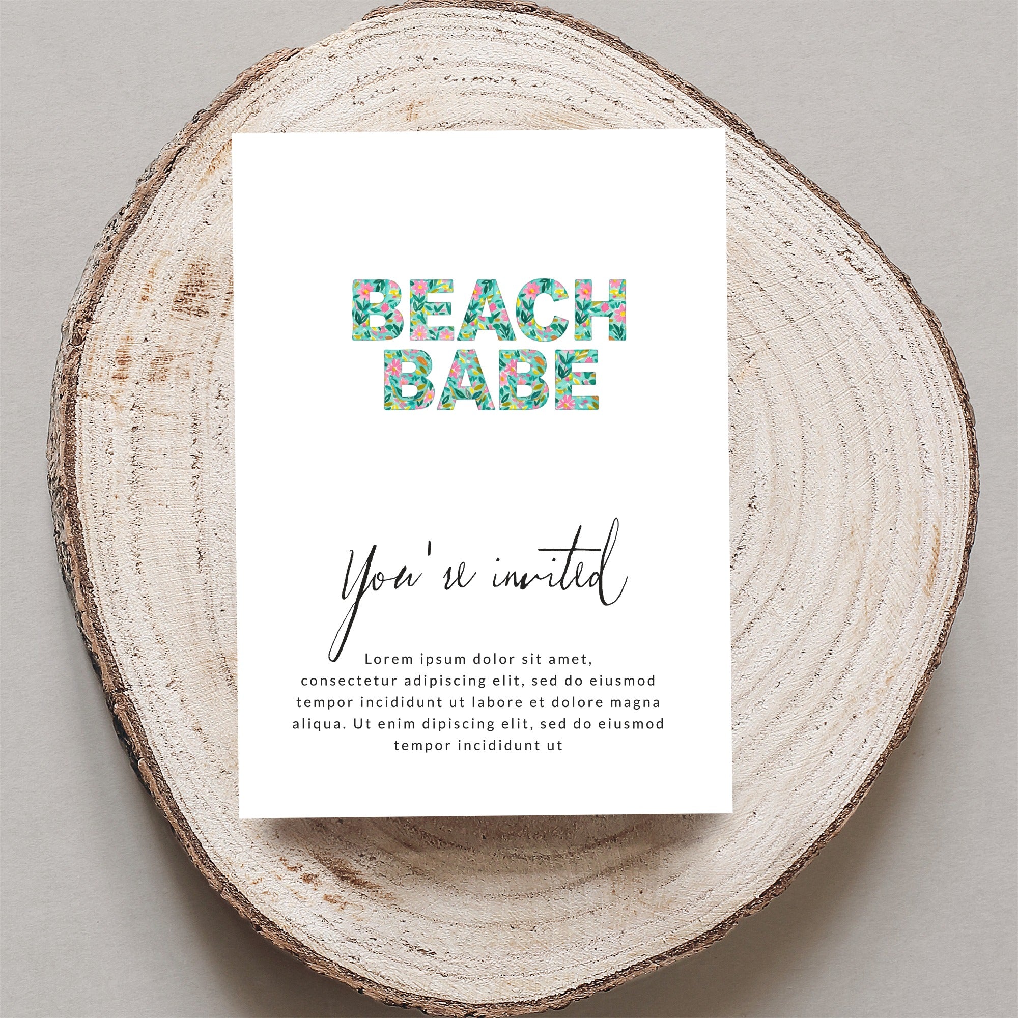 Beach Babe invitation with "You're invited" text and placeholder copy.