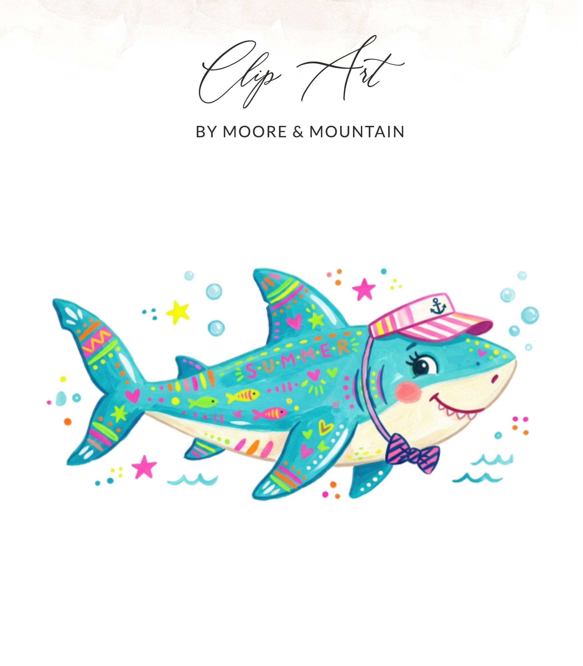 Cartoon shark wearing a pink striped hat and blue bow tie, with "SUMMER" text.
