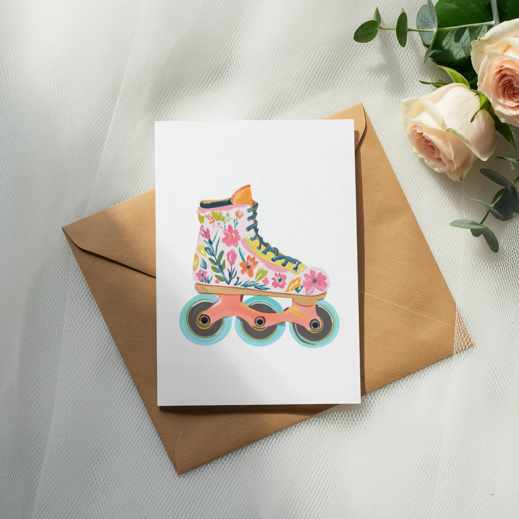 Card with floral roller skate illustration on brown envelope and roses.