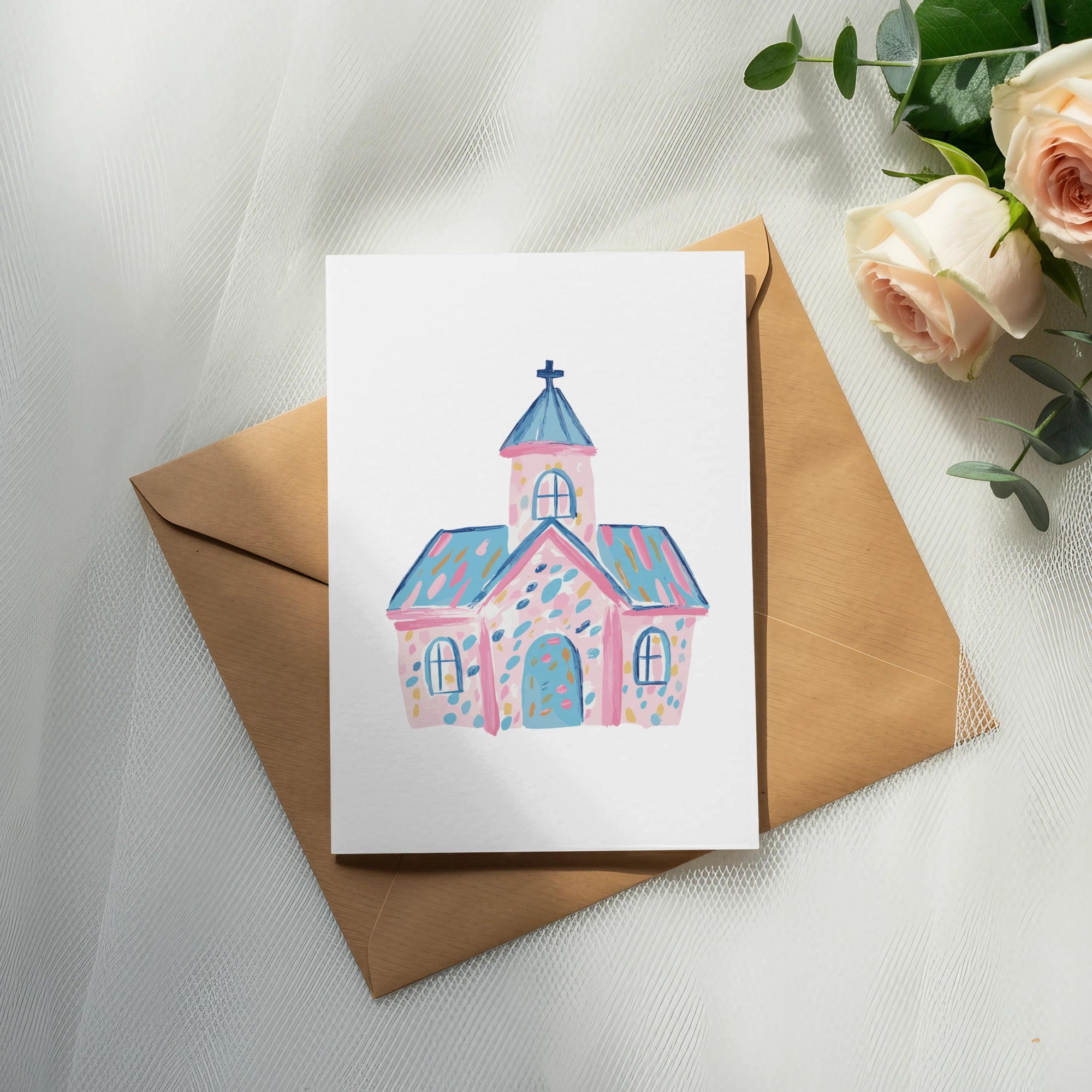 Watercolor illustration of a pink and blue church on an envelope with roses.