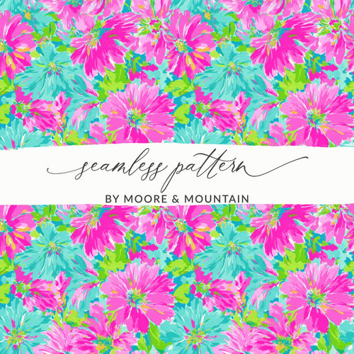 Seamless floral pattern in pink and teal with "seamless pattern" and "BY MOORE & MOUNTAIN" text.
