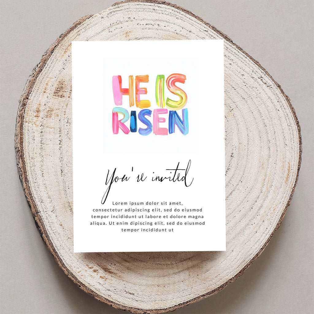 "HE IS RISEN" watercolor lettering invitation with floral accents and sample text.