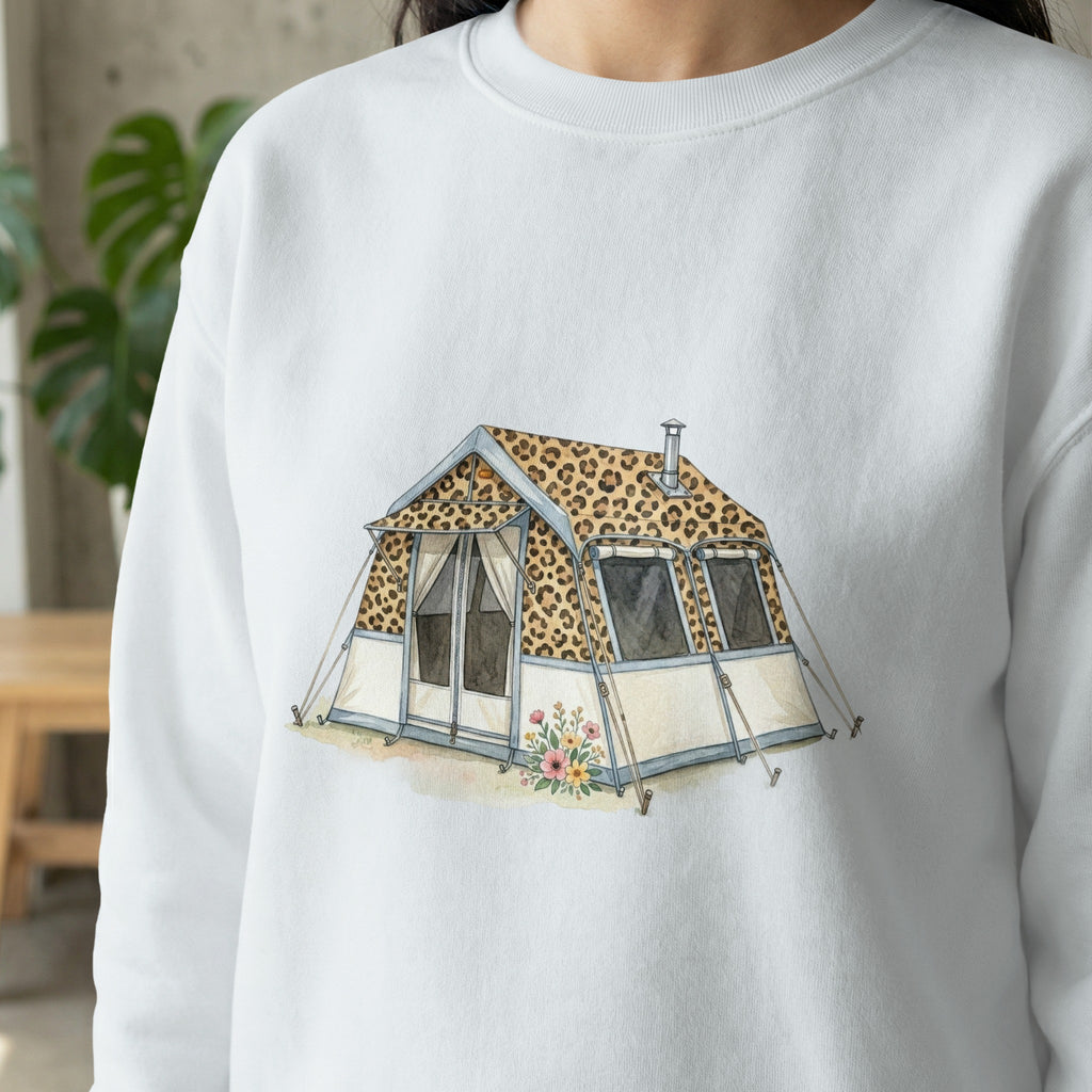 Leopard print canvas tent with flowers and windows.