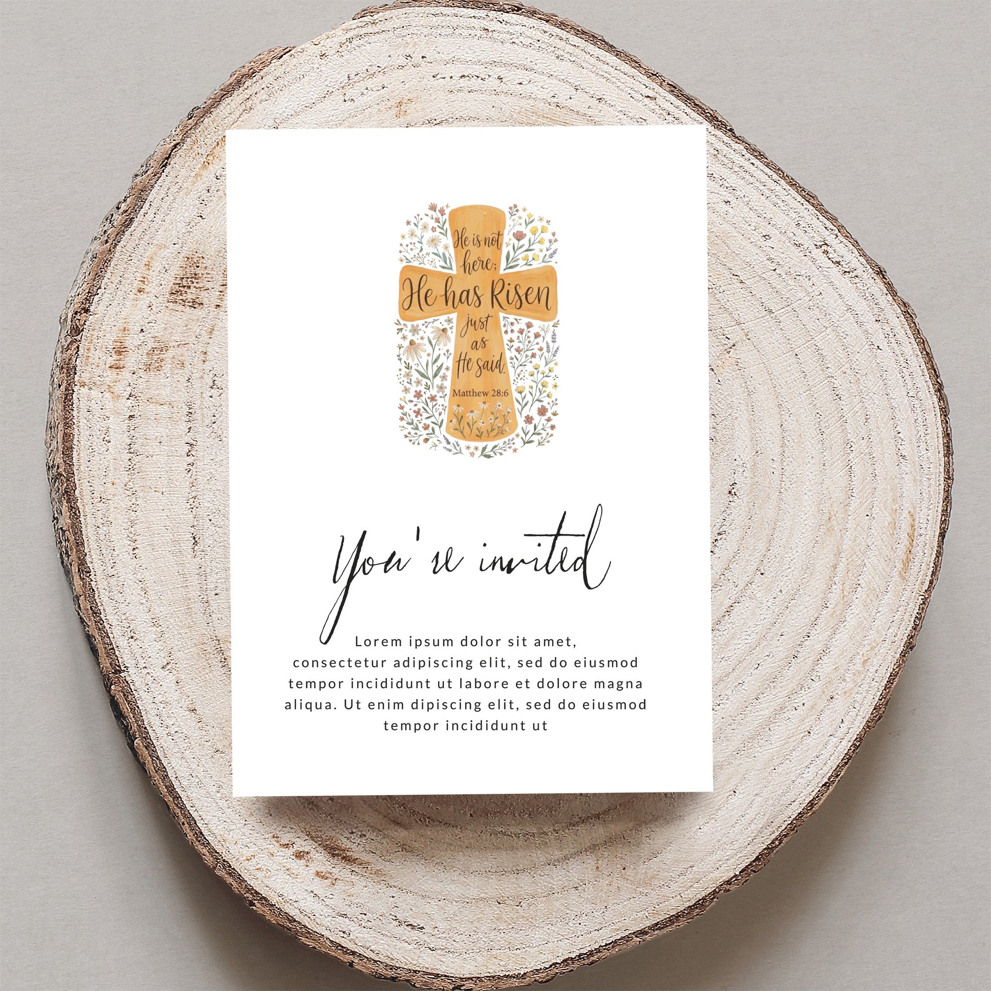 Invitation with floral cross, "He has Risen," and "You're invited" text.