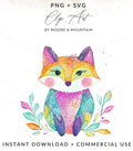 Watercolor illustration of a colorful fox with floral accents.
