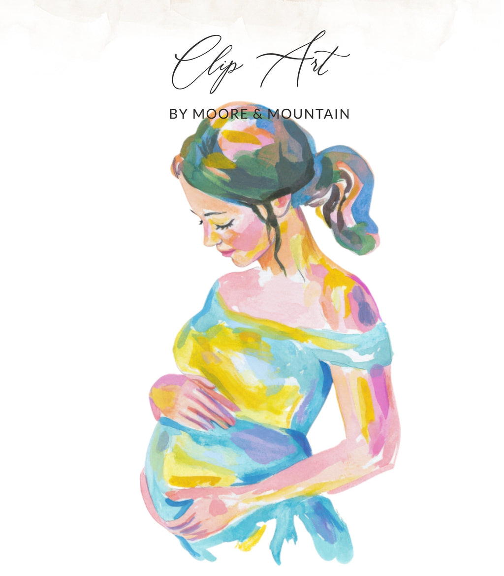 Watercolor illustration of a pregnant woman holding her belly, with "Clip Art by Moore & Mountain" text.