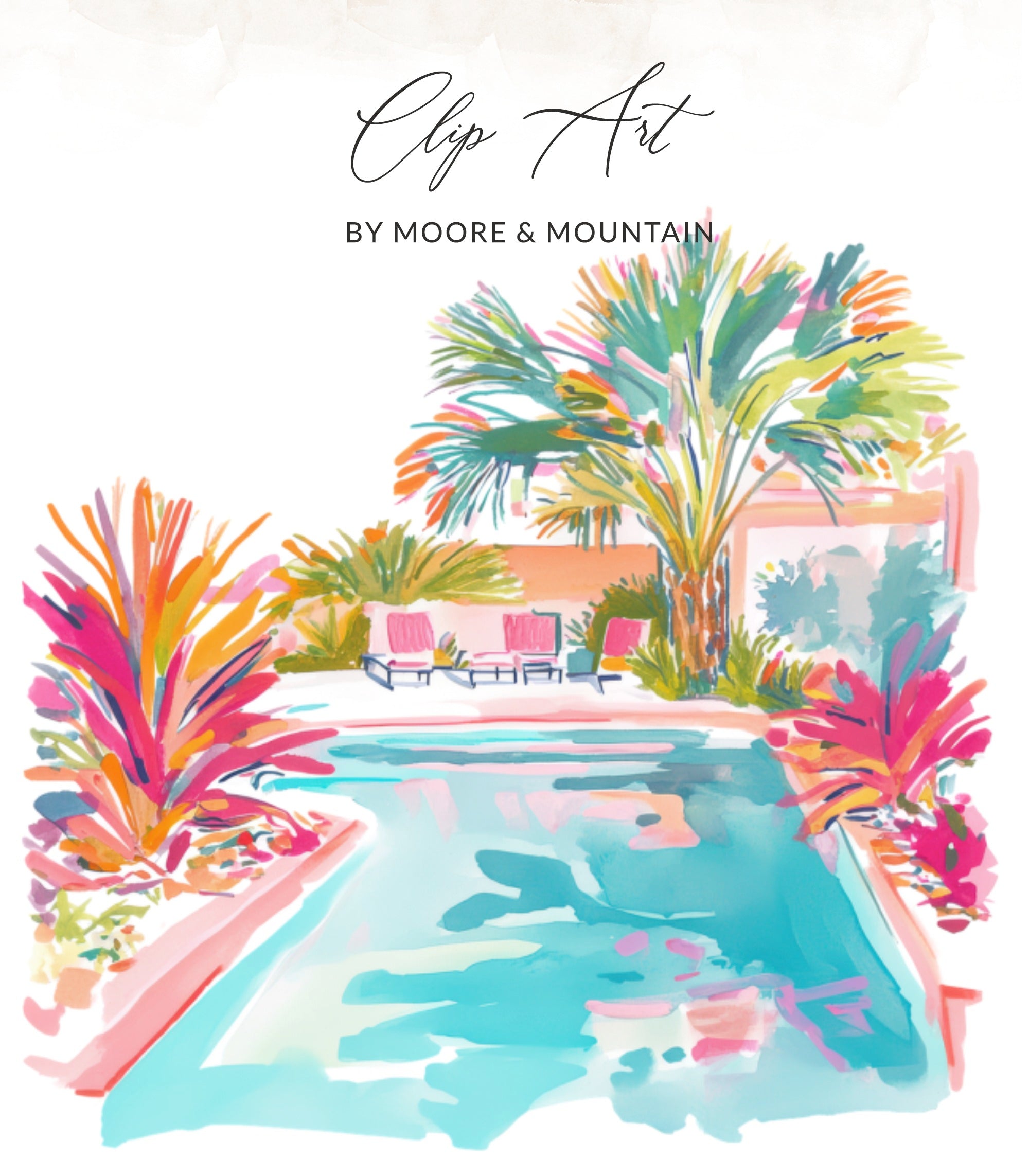 Colorful watercolor poolside scene with palm trees and lounge chairs.