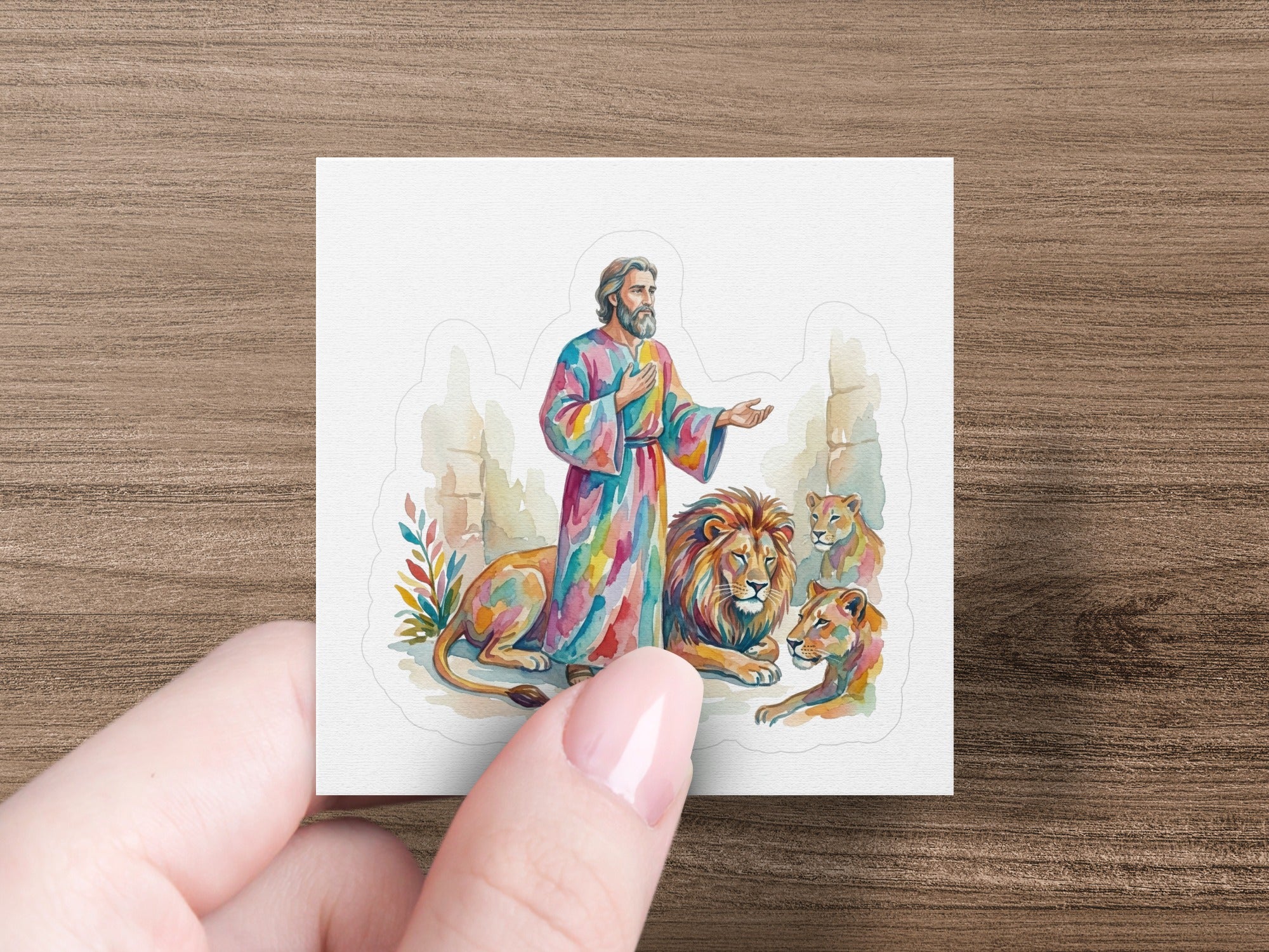 Man in colorful robe with lions in rocky enclosure.