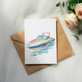 Watercolor painting of a colorful speedboat on water, on a brown envelope.