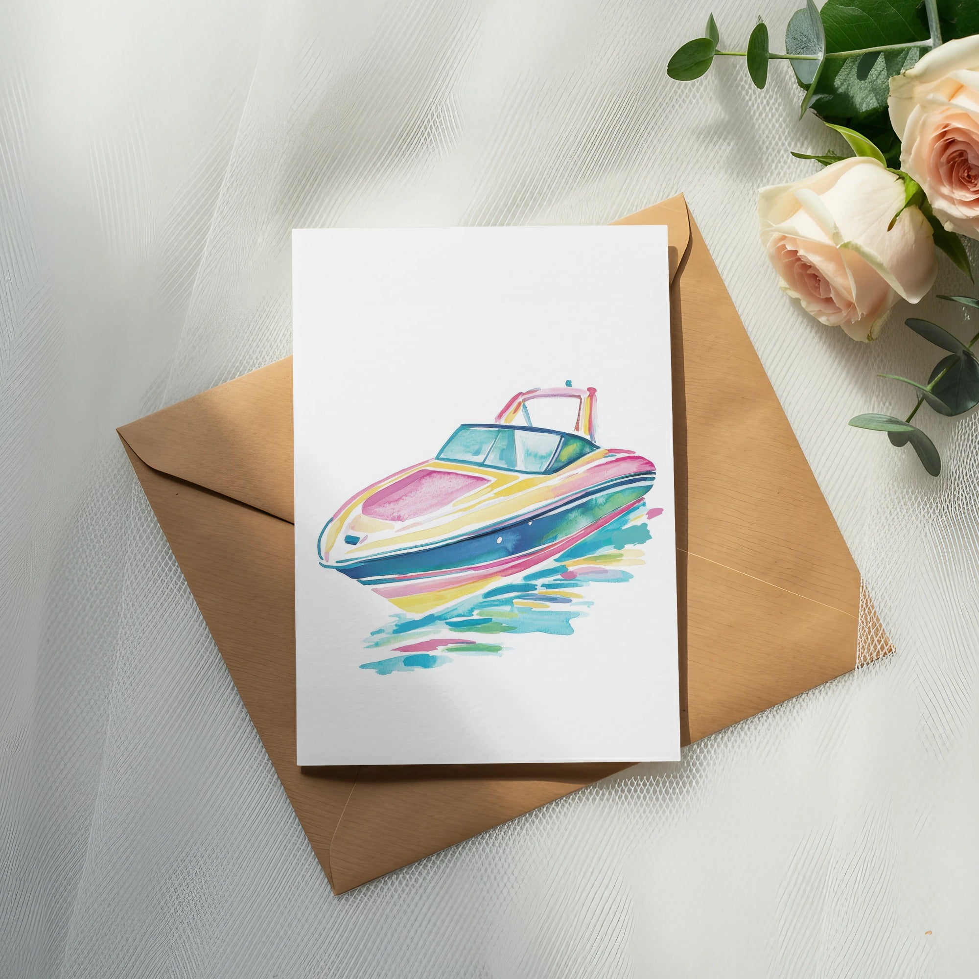 Watercolor painting of a colorful speedboat on water, on a brown envelope.