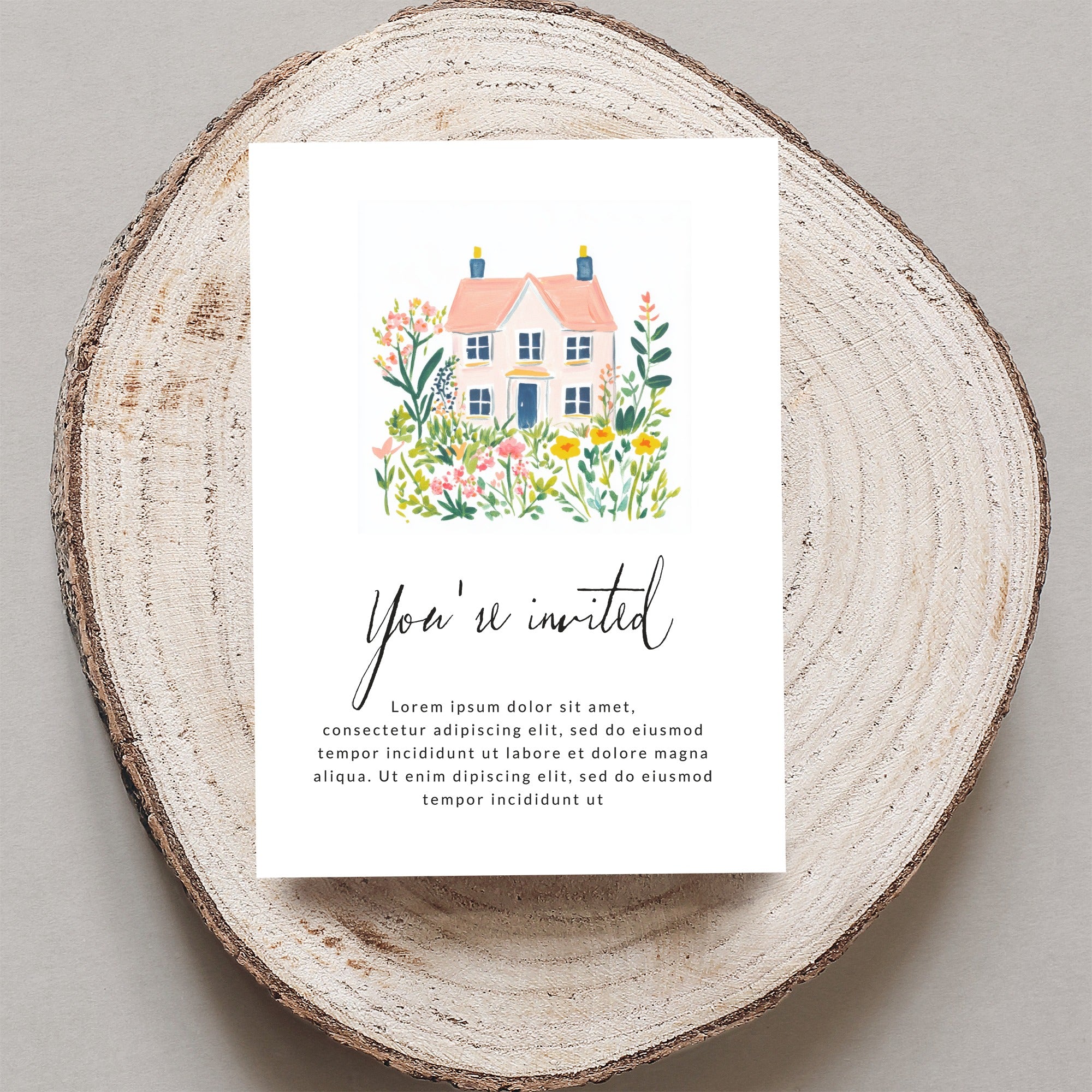 Invitation with pink house illustration and "You're invited" text.