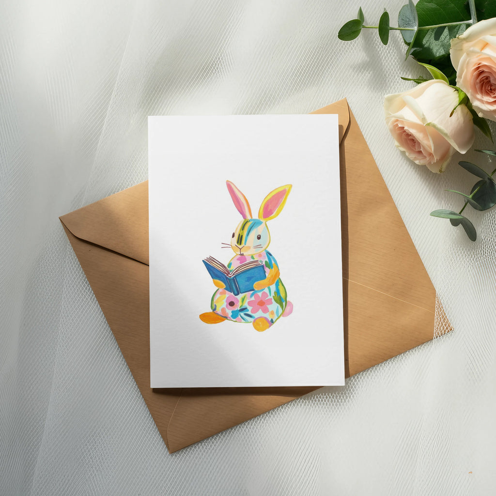 Watercolor bunny in colorful floral dress reading a blue book on a card.