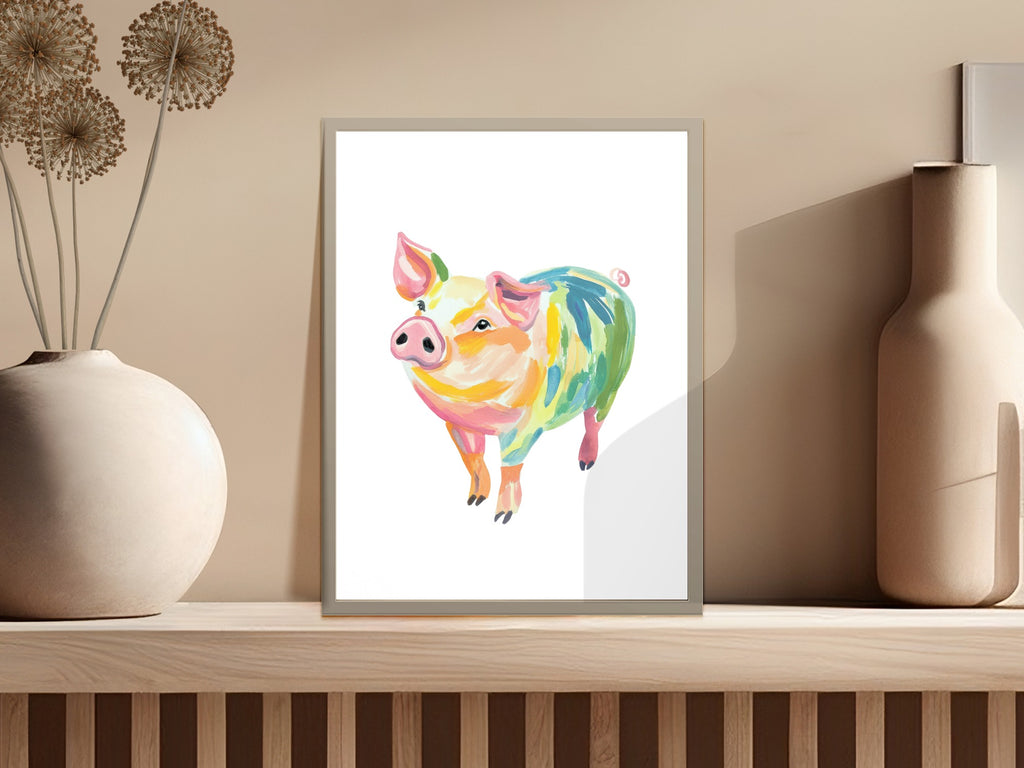 Watercolor painting of a pig with vibrant, colorful brushstrokes.