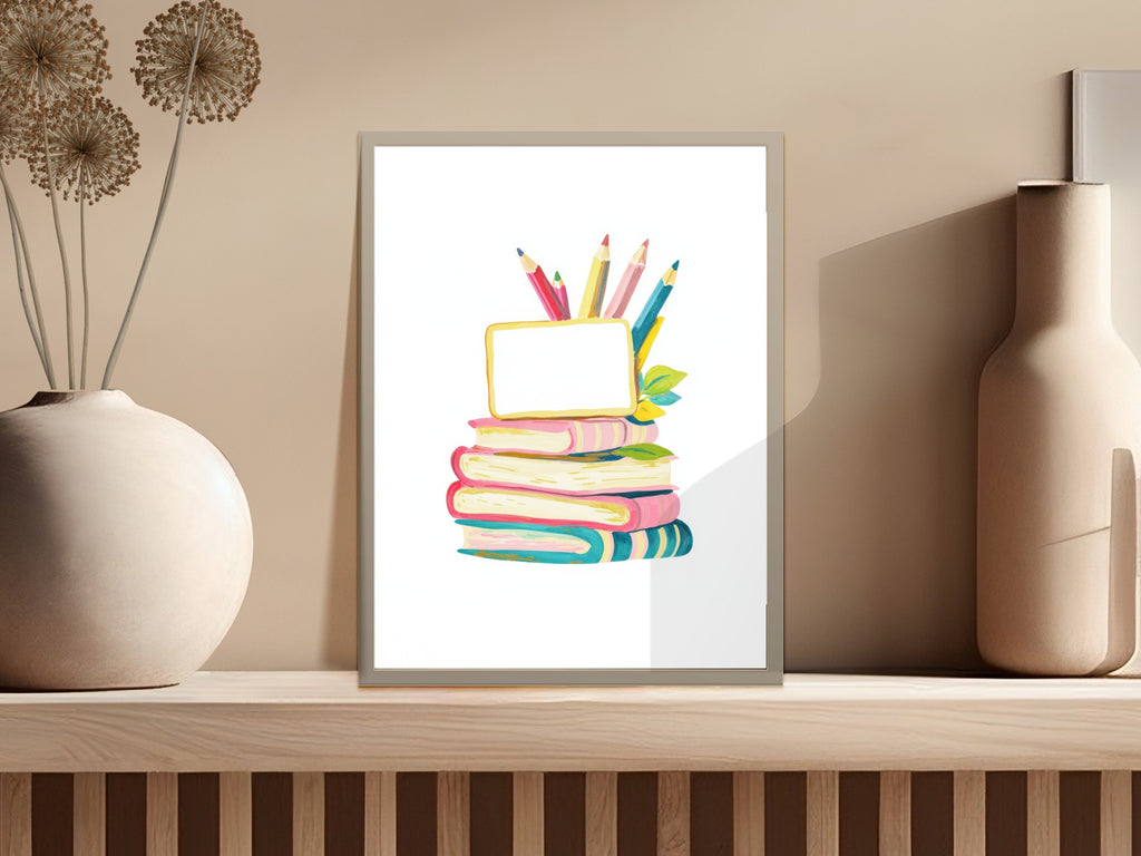 Stack of colorful books with pencils and a blank sign.