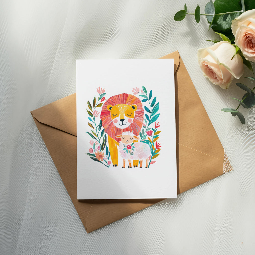 Watercolor illustration of a lion and lamb with flowers and foliage.