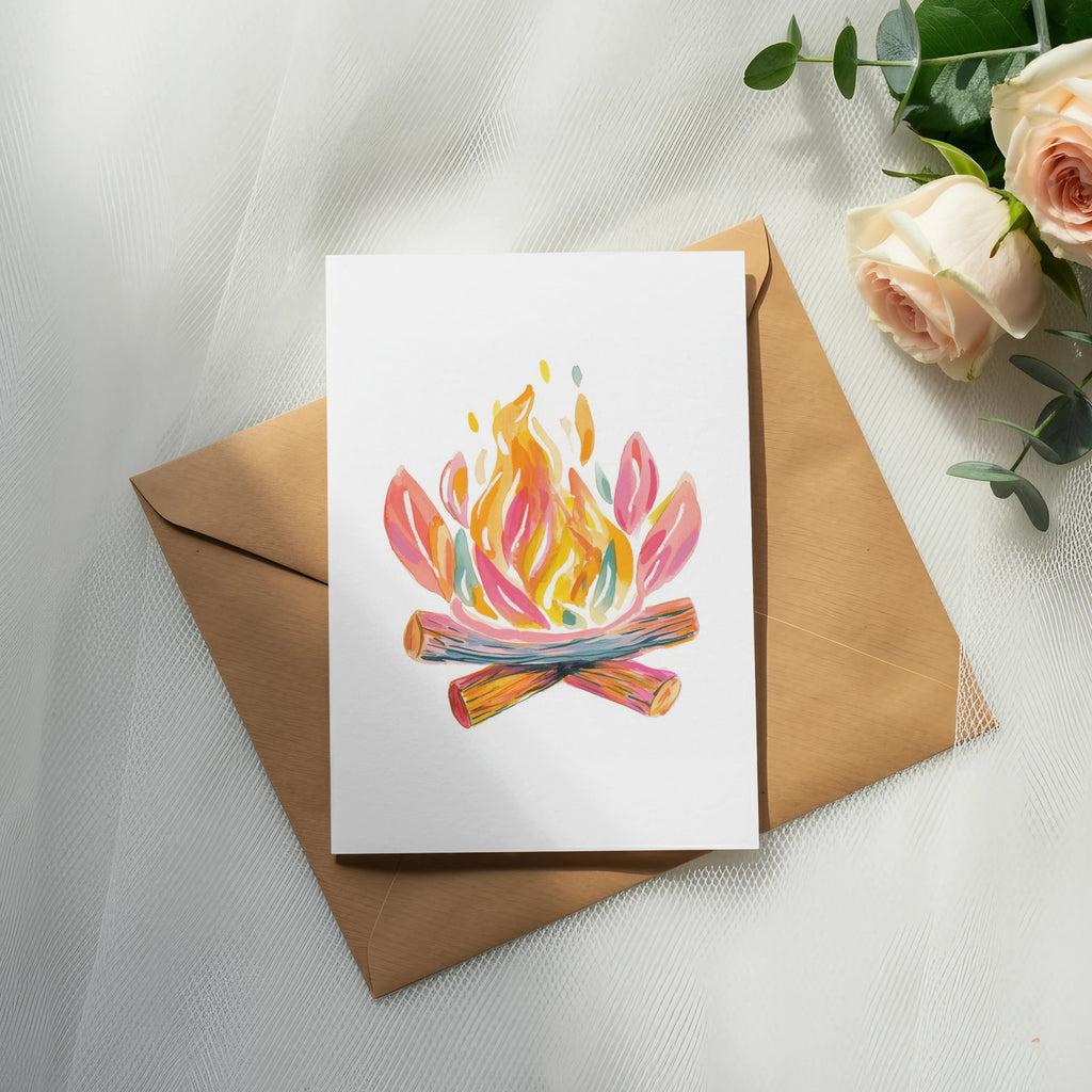Watercolor campfire illustration on a card over a brown envelope and roses.