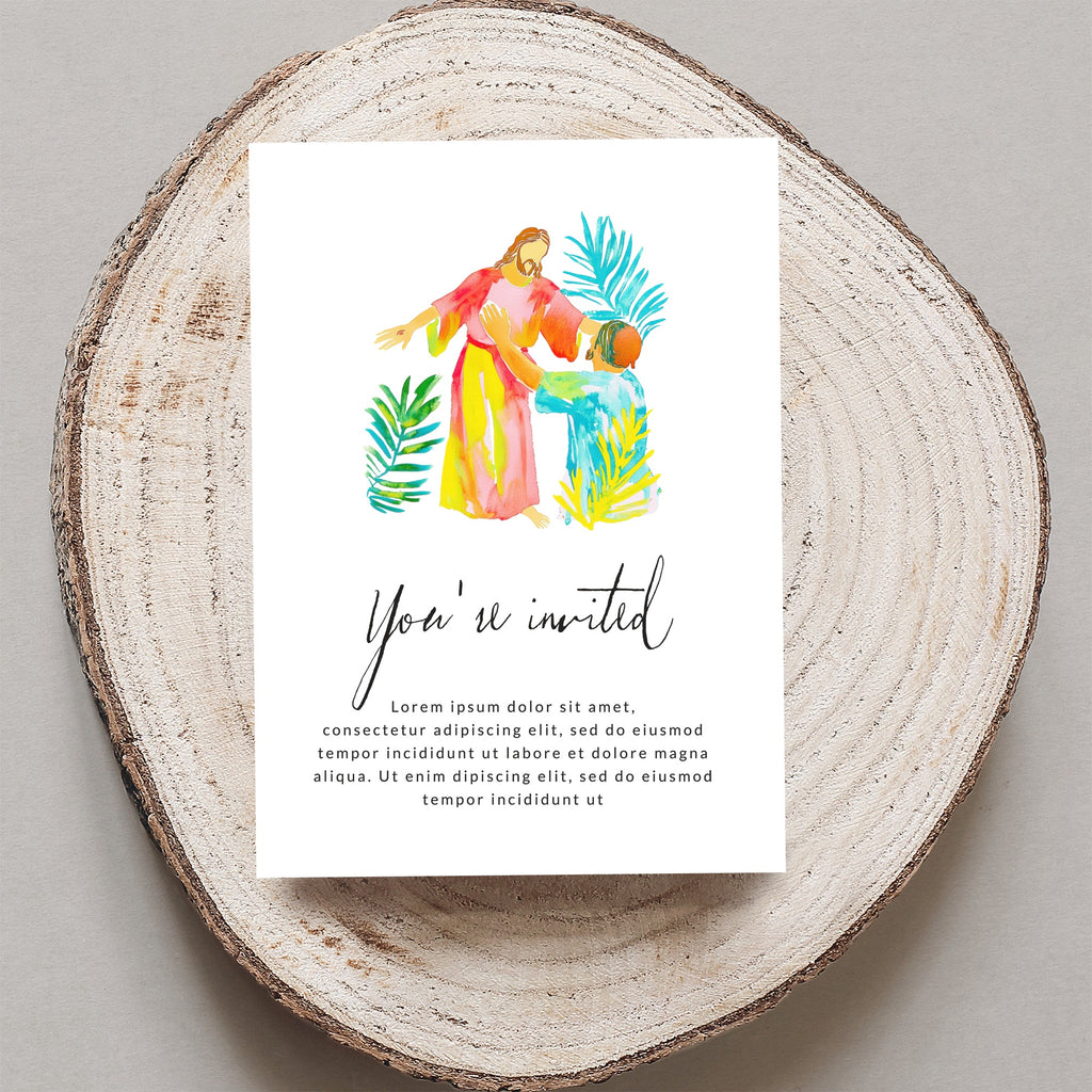 Invitation with watercolor Jesus and child illustration and placeholder text.