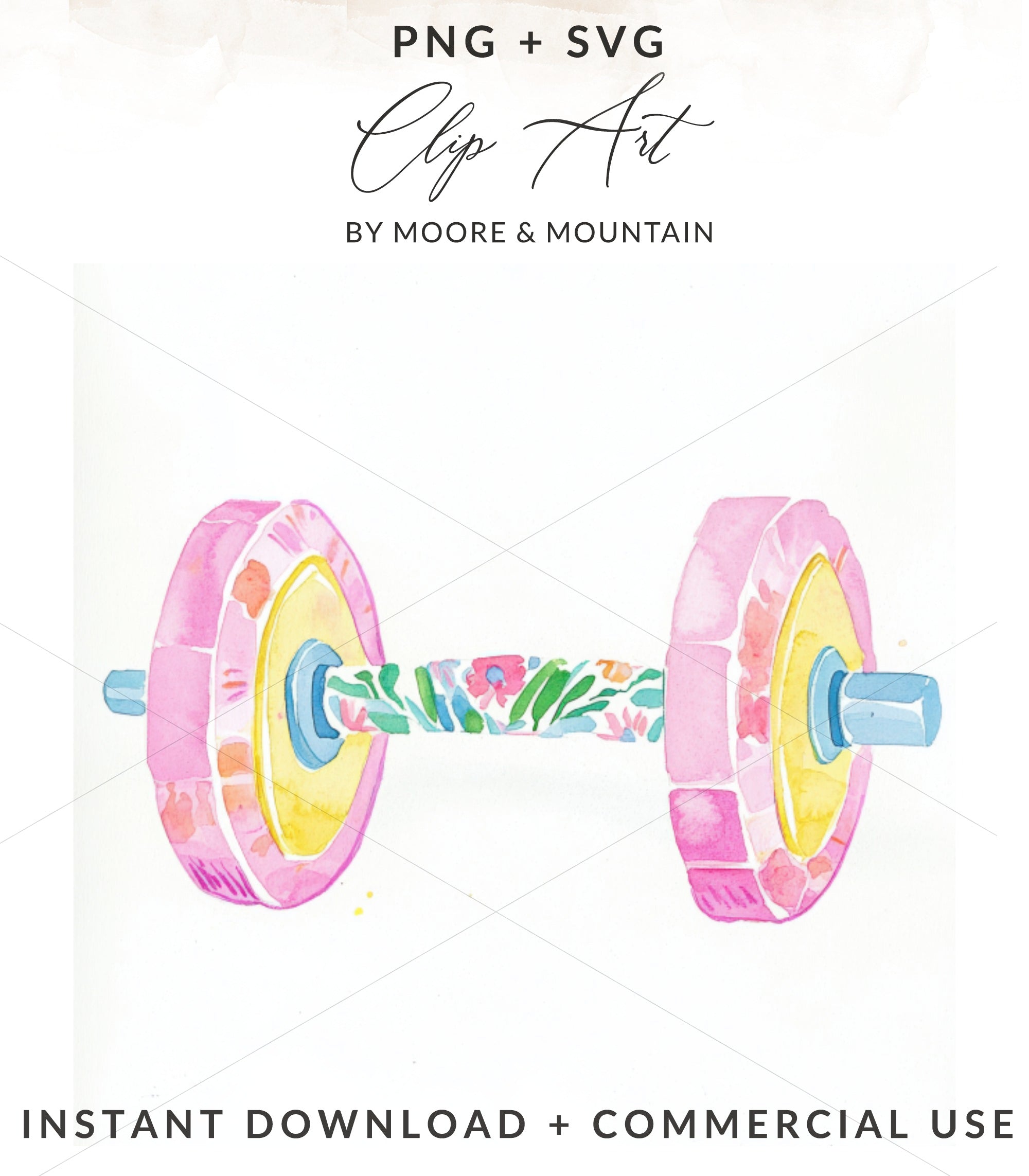 Watercolor dumbbell with pink weights and floral accents.