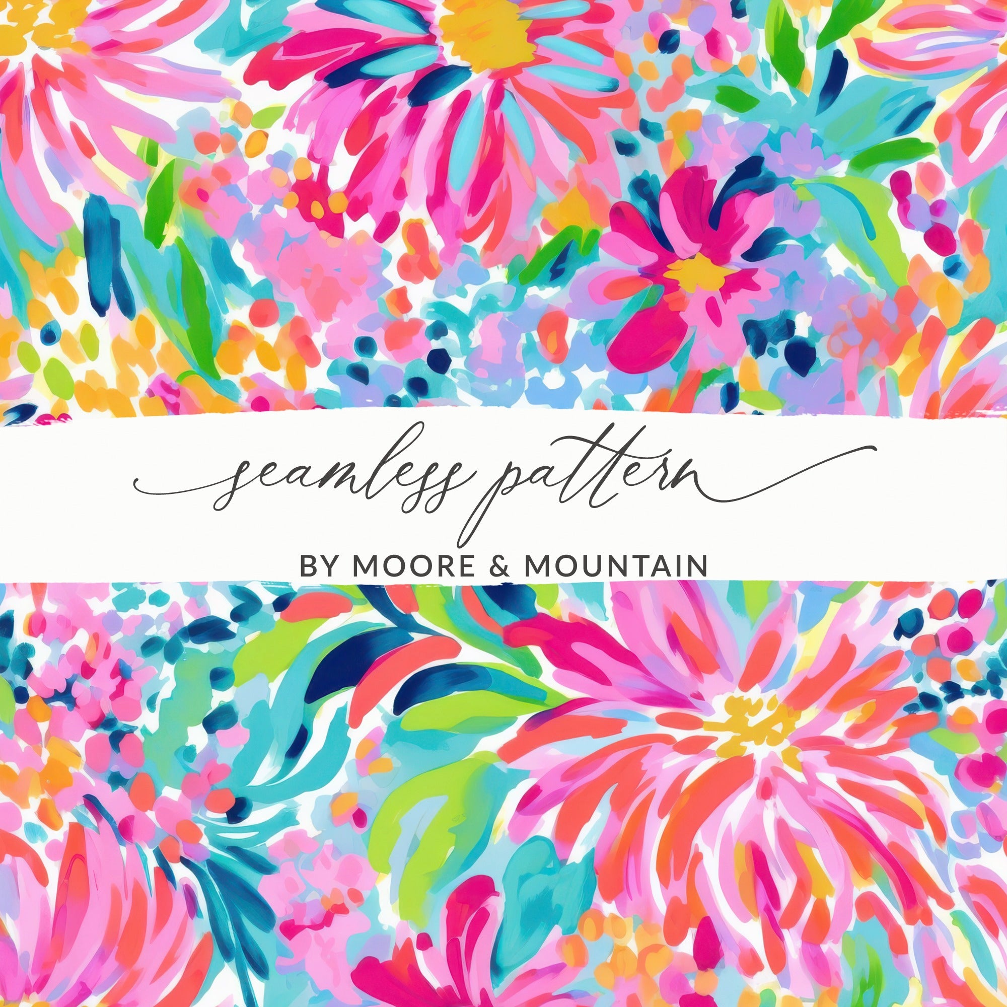 Seamless pattern of vibrant, abstract floral brushstrokes in pink, blue, and yellow.