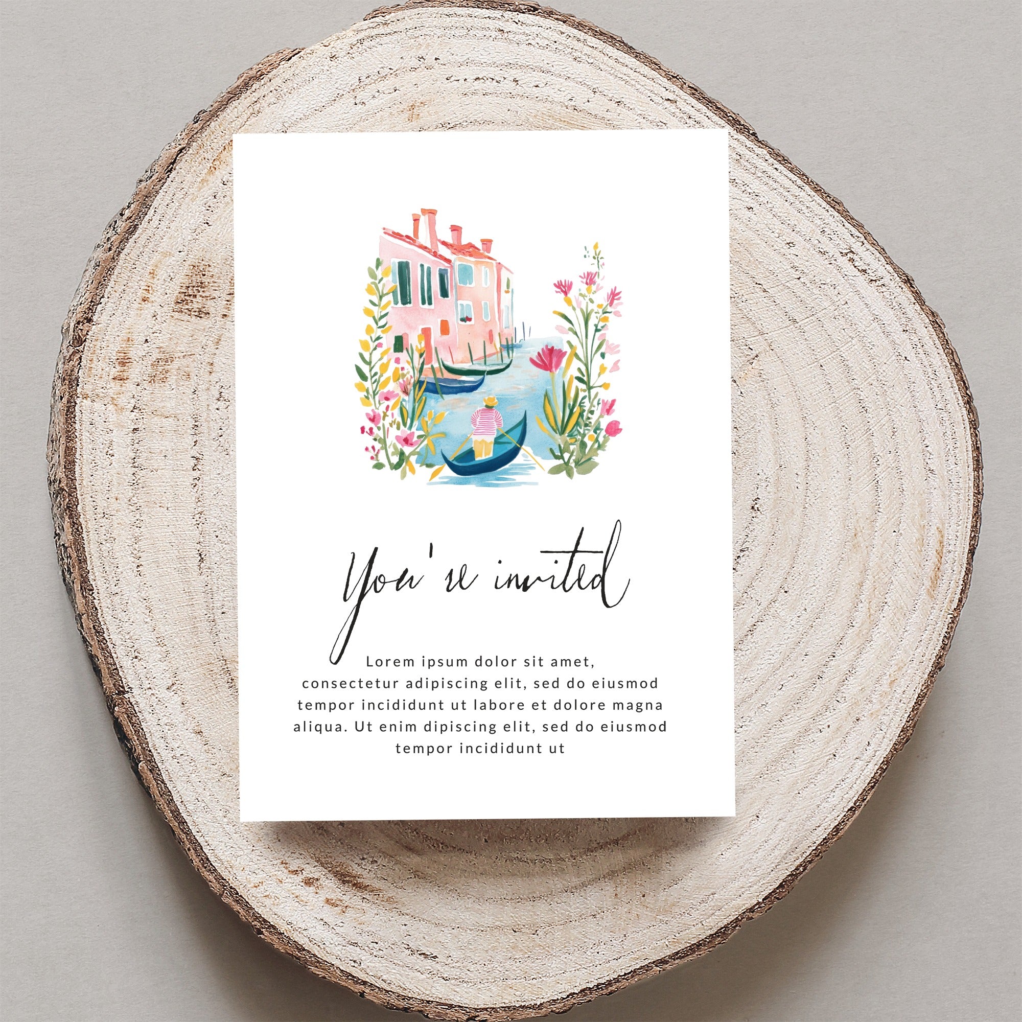 Invitation card with watercolor canal scene and "You're invited" text.