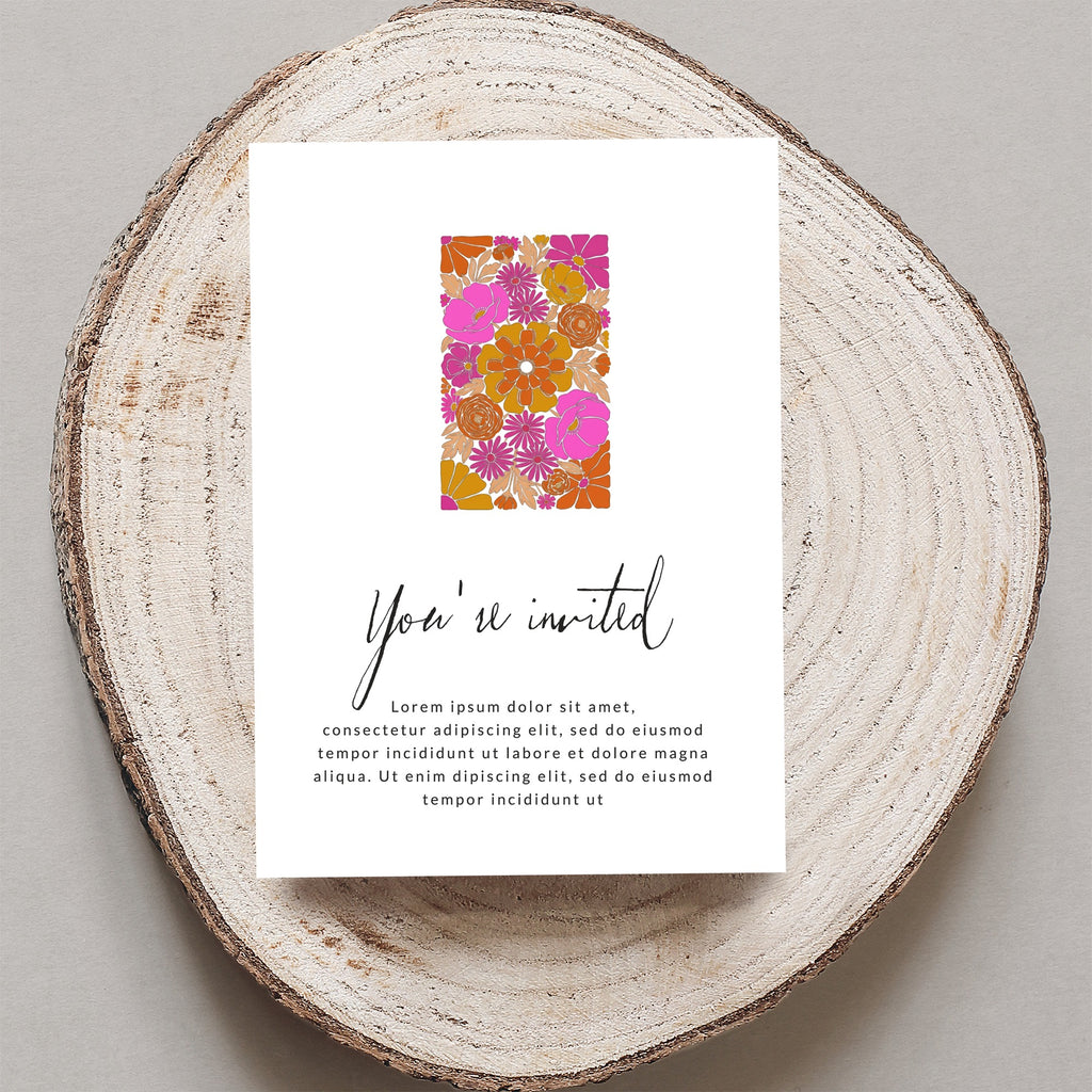 Invitation card with floral pattern and "You're invited" text.