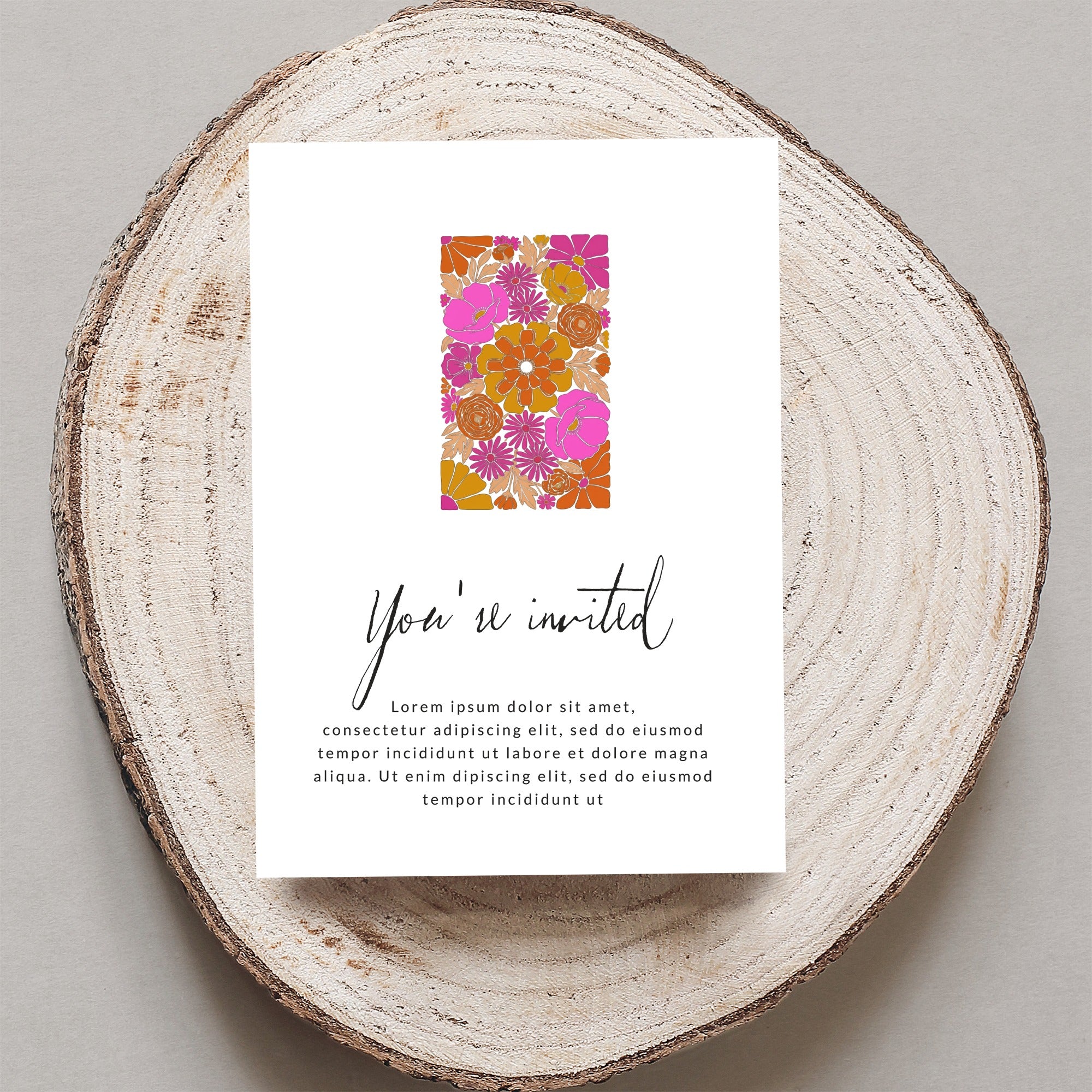 Invitation card with floral pattern and "You're invited" text.