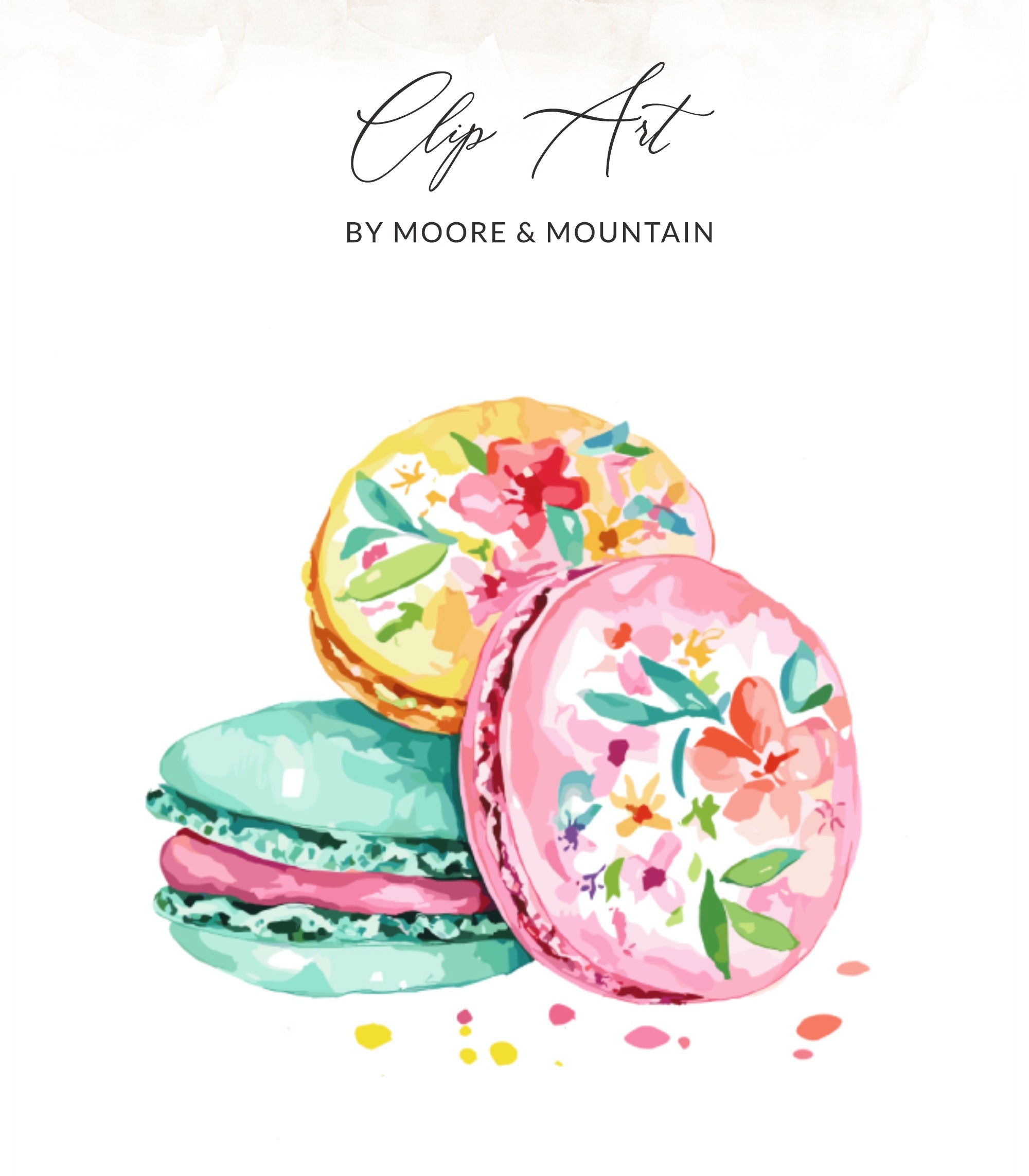 Watercolor macarons with floral designs in yellow, pink, and mint green.