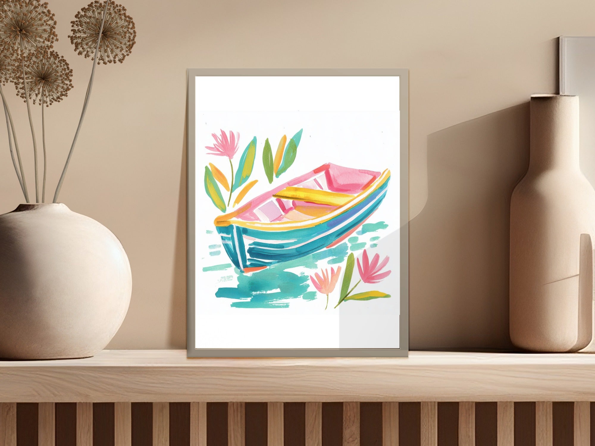 Watercolor painting of a turquoise and pink rowboat with colorful flowers.