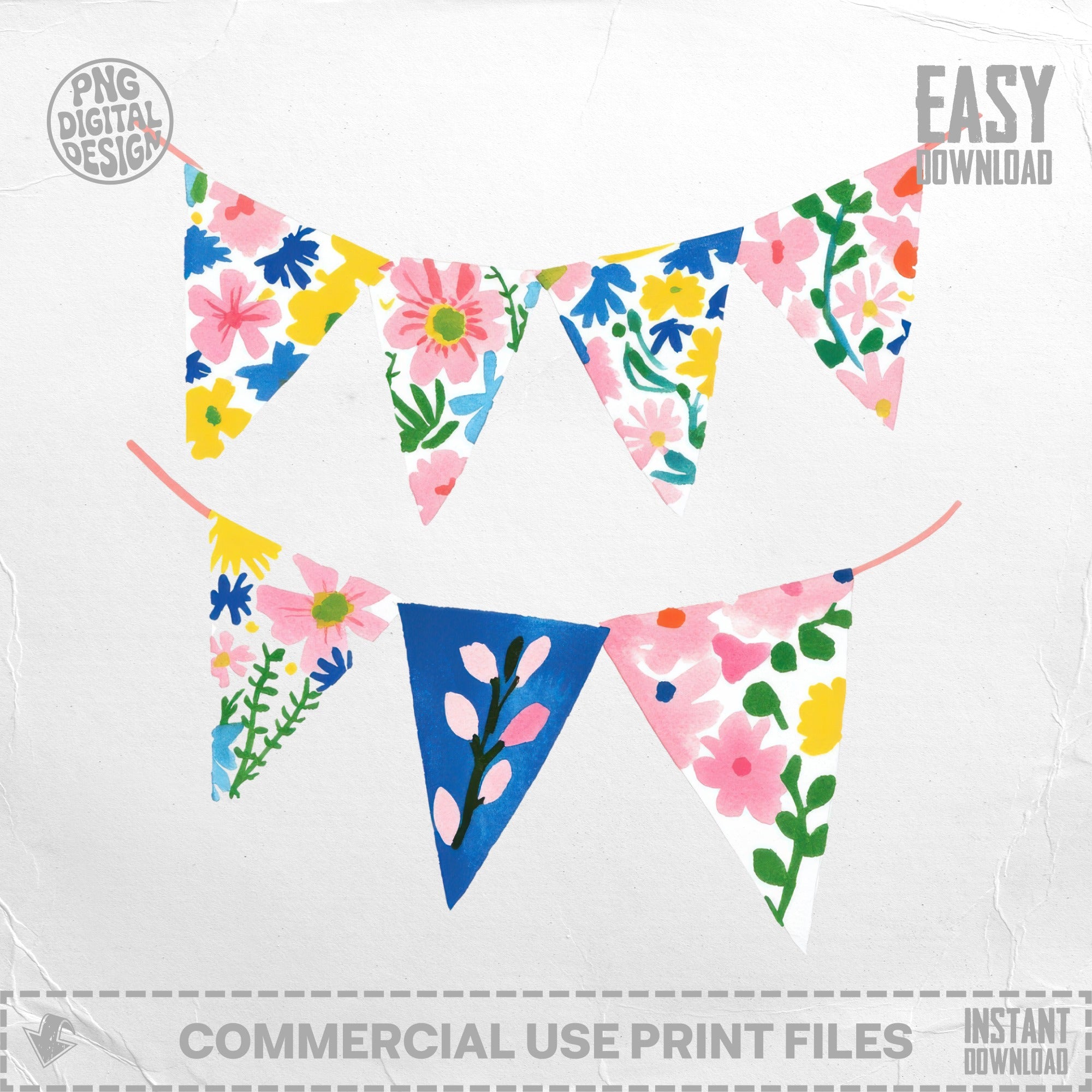 Floral bunting banners with watercolor flowers and leaves on a white background.
