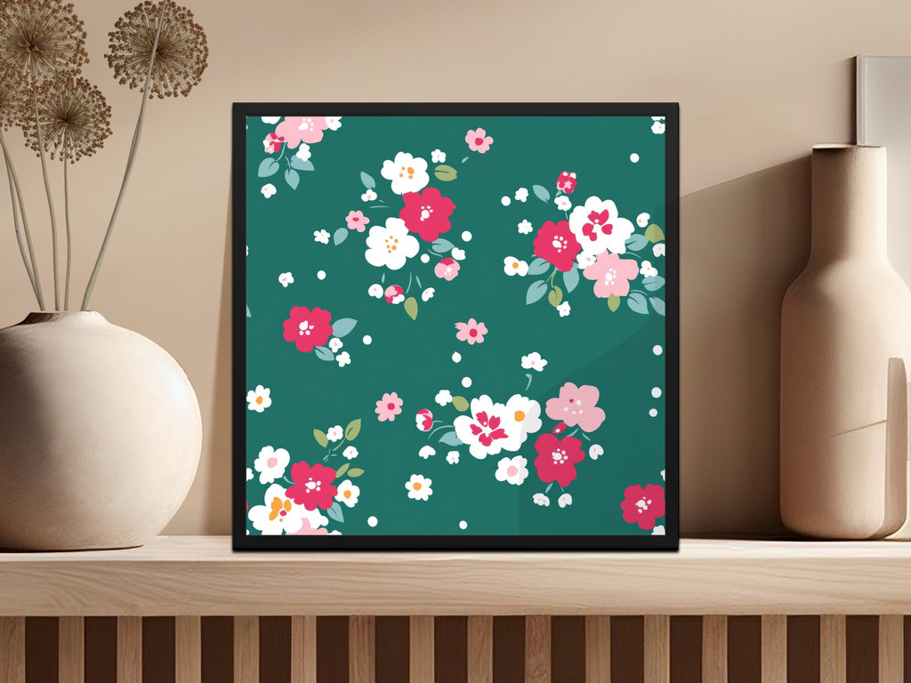 Vibrant Floral Pattern on Dark Green Background Art