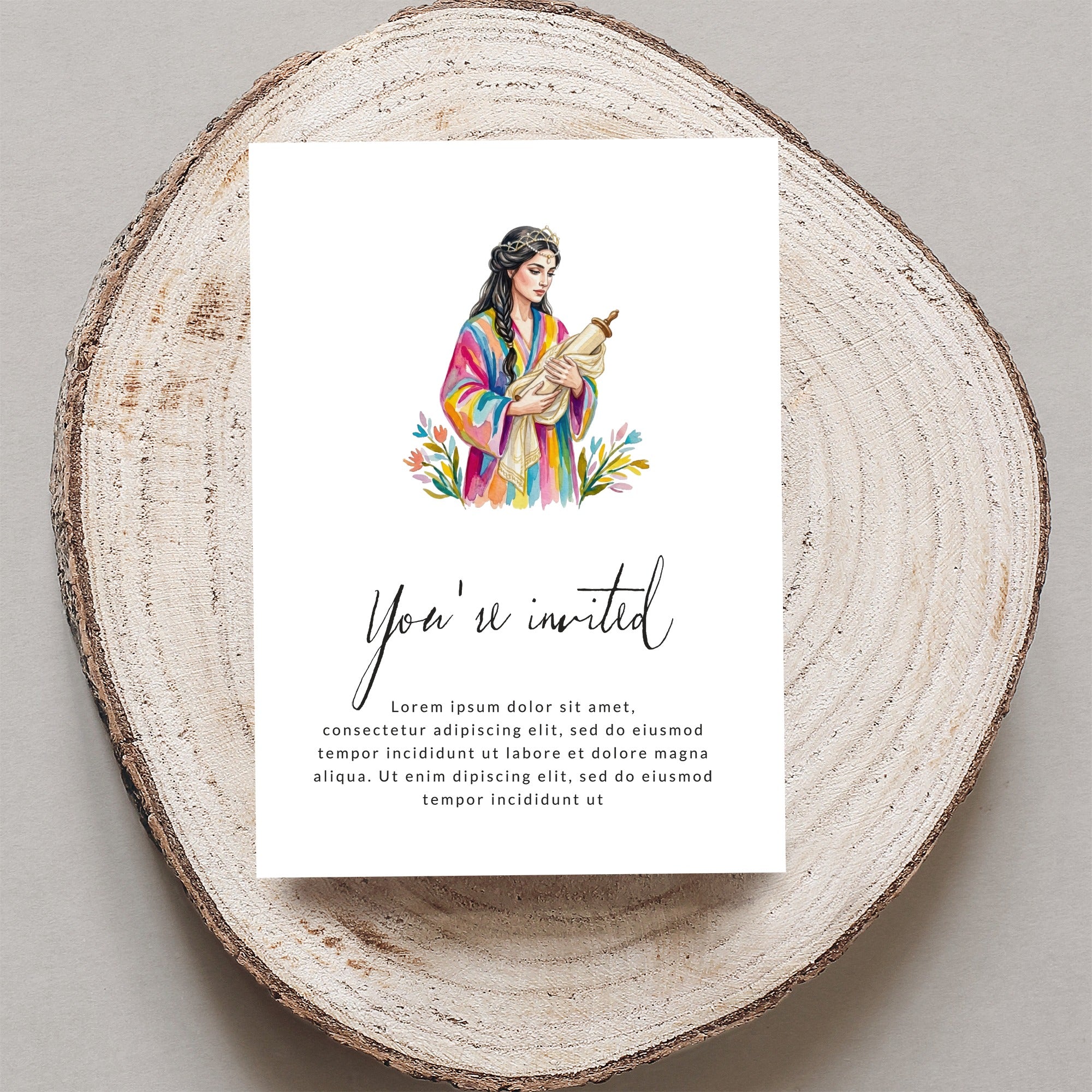 Invitation with colorful illustration and placeholder text.