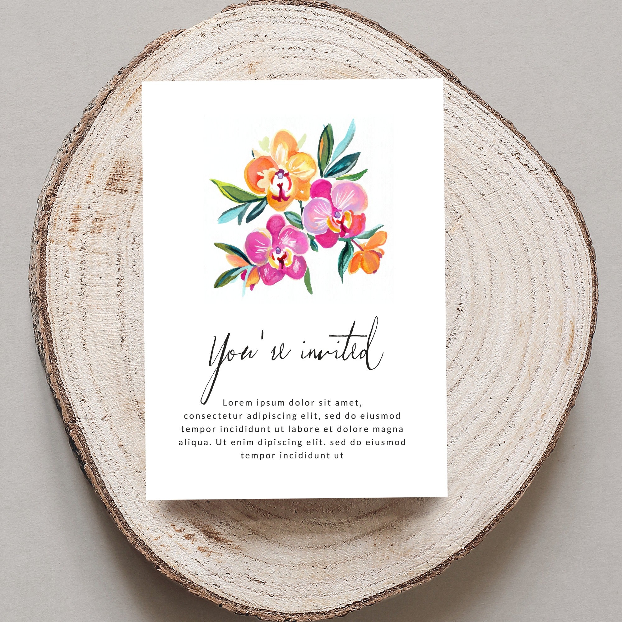 Invitation card with floral illustration and "You're invited" text.