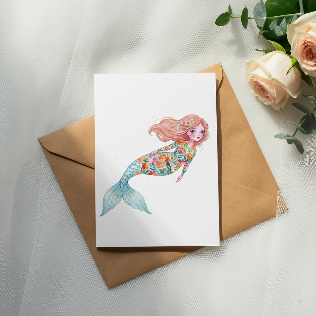 Watercolor illustration of a mermaid with floral tail on a card with roses.