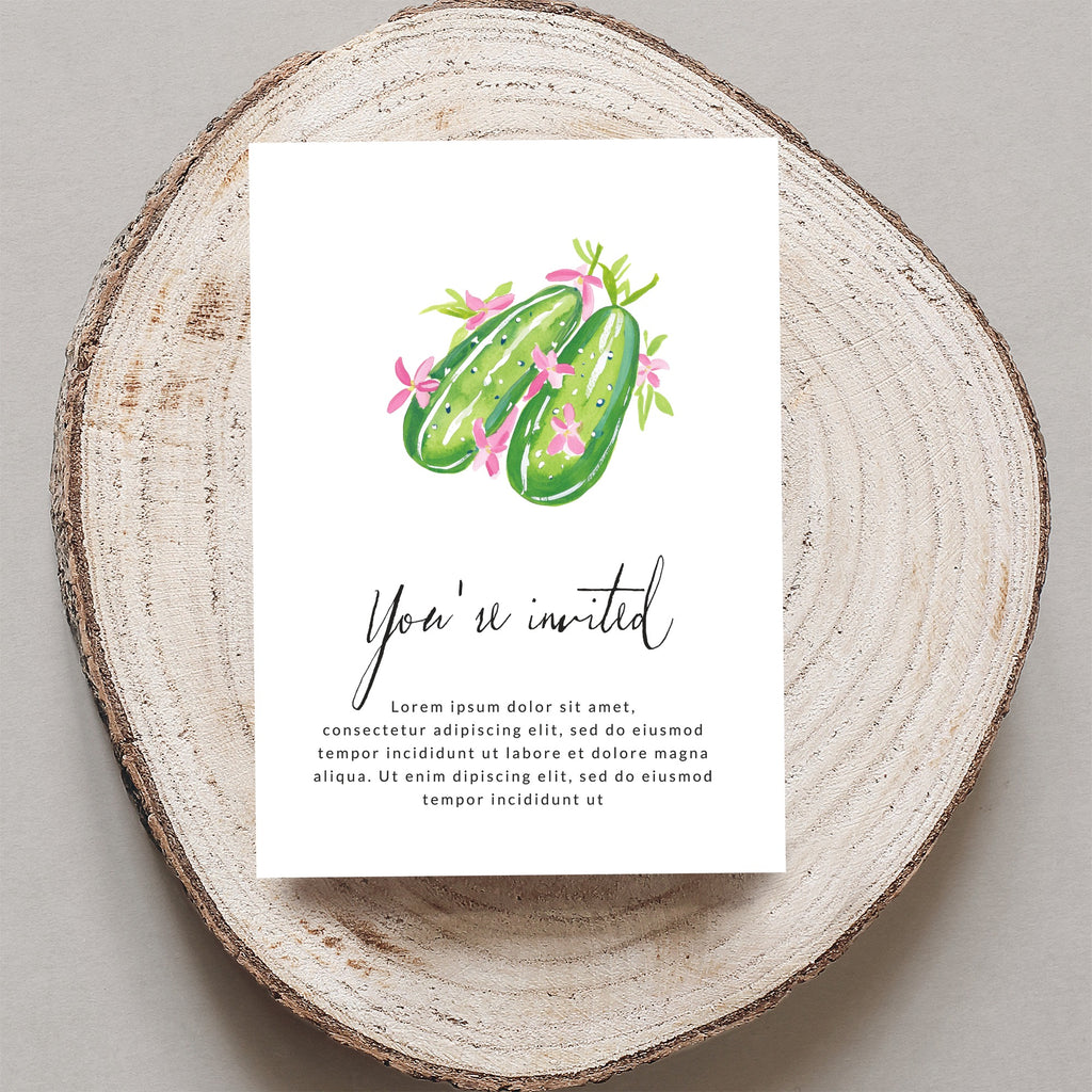 Invitation card with "You're invited" text and two cucumbers.