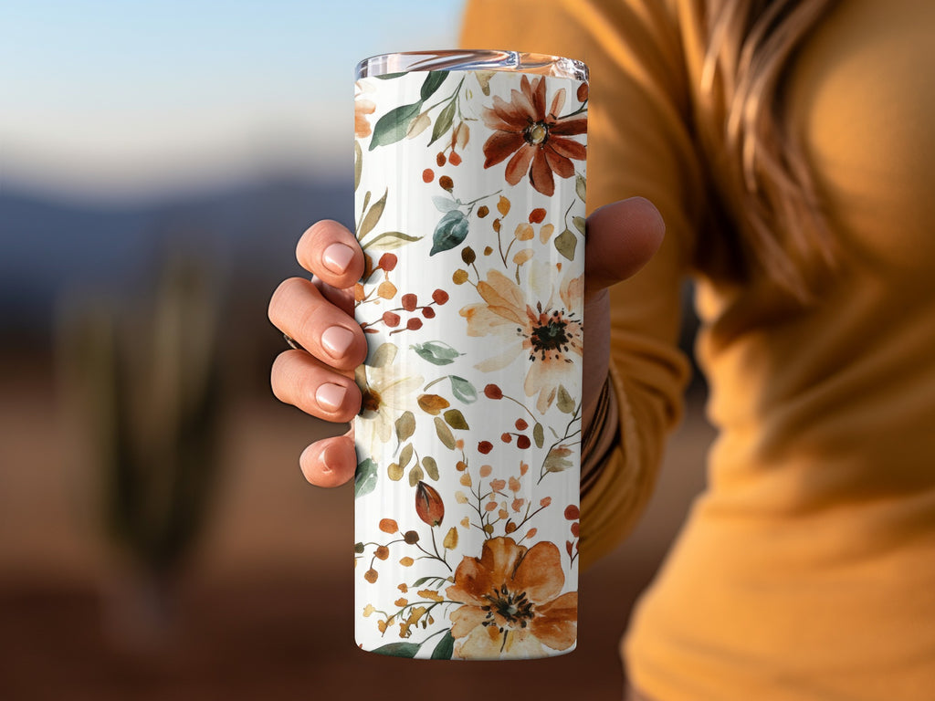 Autumn Floral Patterned Stainless Steel Tumbler Cup