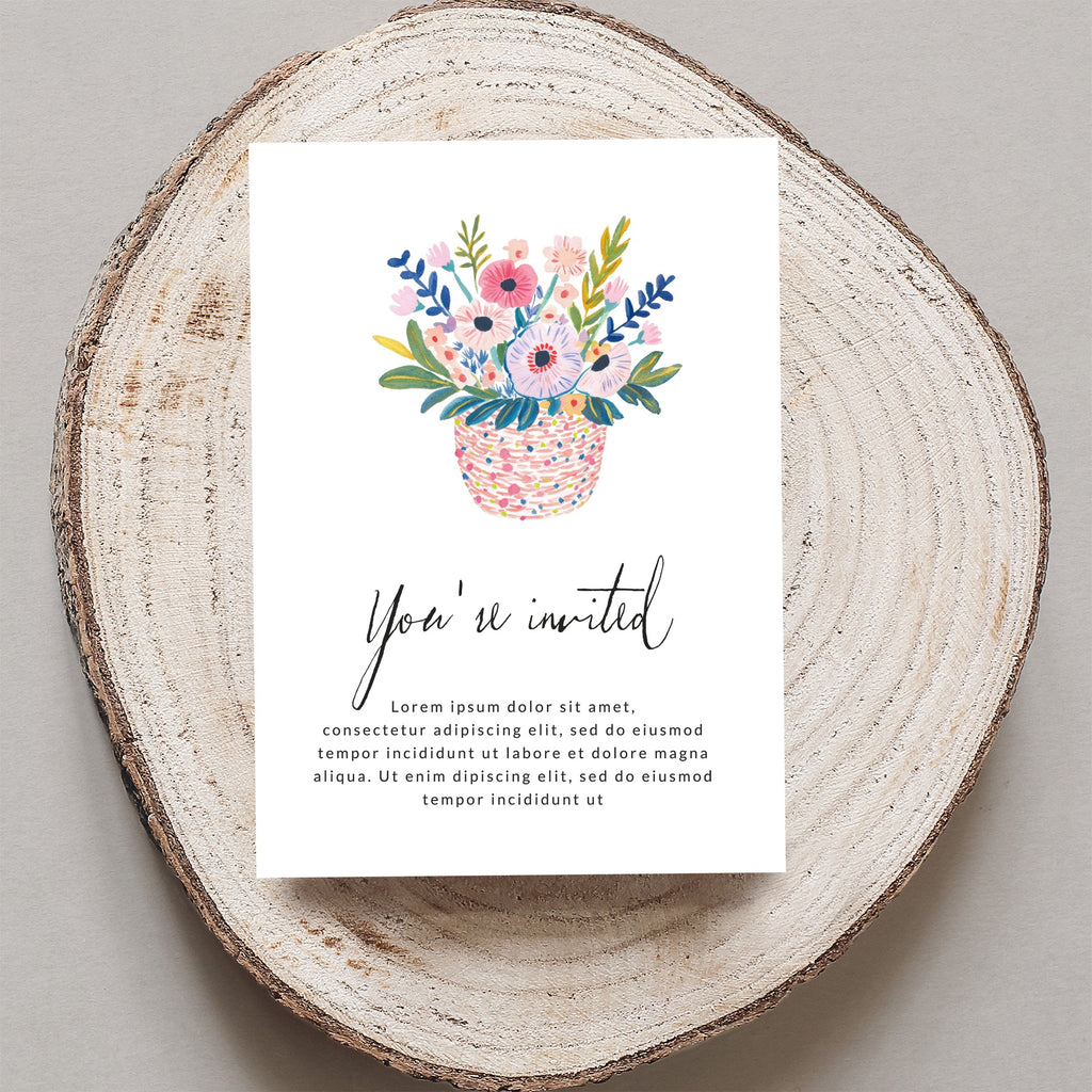 Invitation with floral basket illustration and placeholder text.