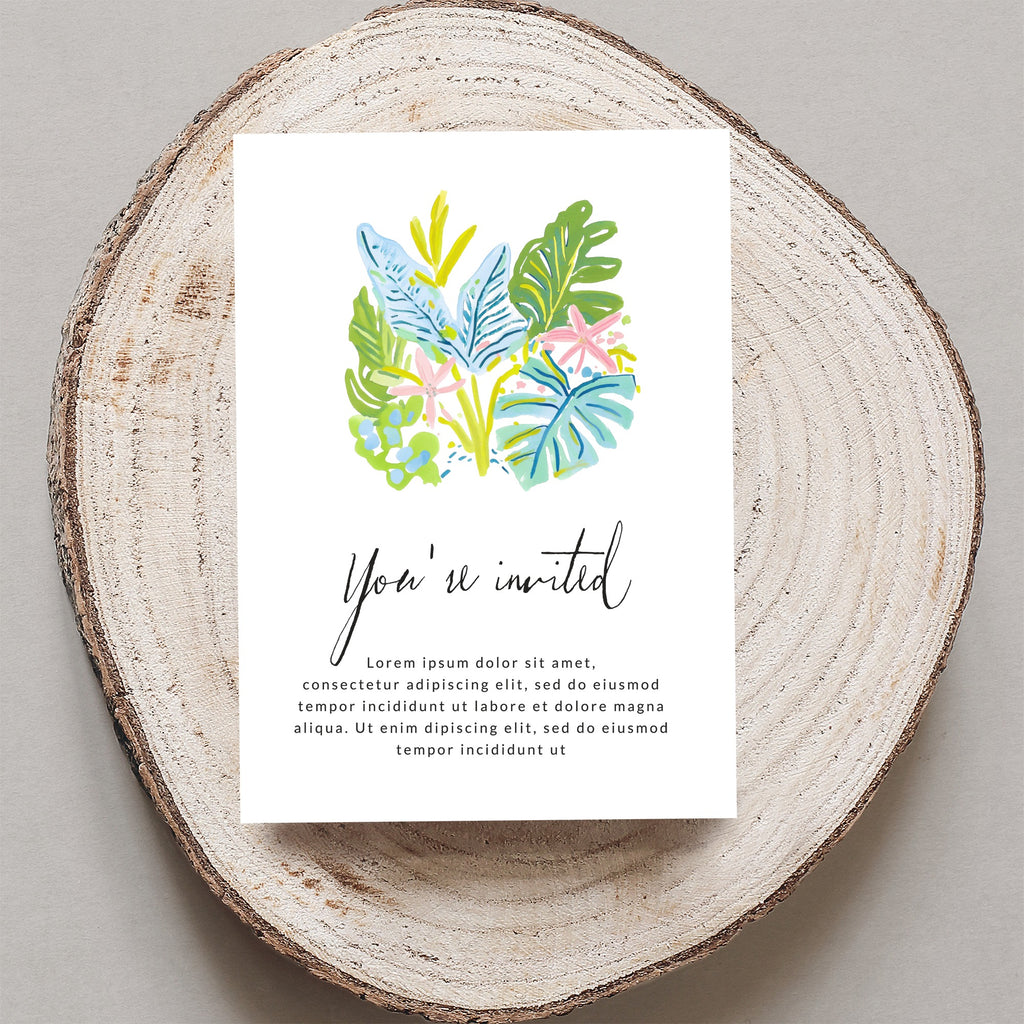Invitation card with "You're invited" text and floral illustration.