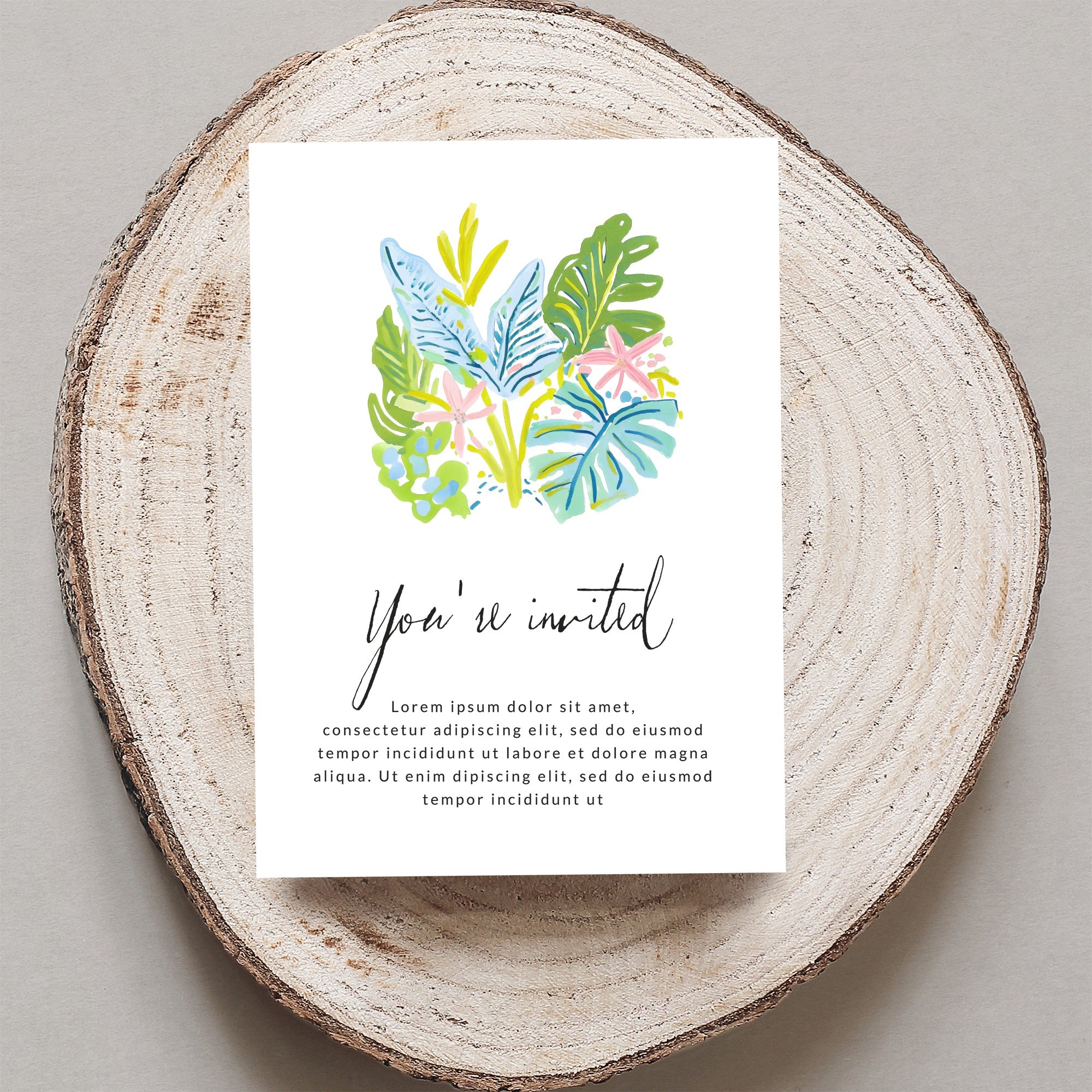 Invitation card with "You're invited" text and floral illustration.