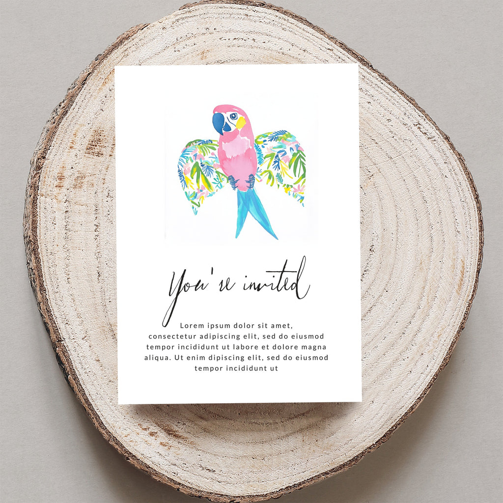 Invitation card with watercolor parrot and placeholder text.