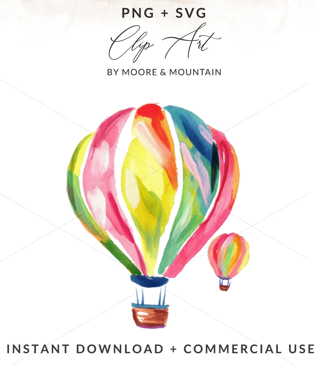 Watercolor hot air balloons, one large and one small.