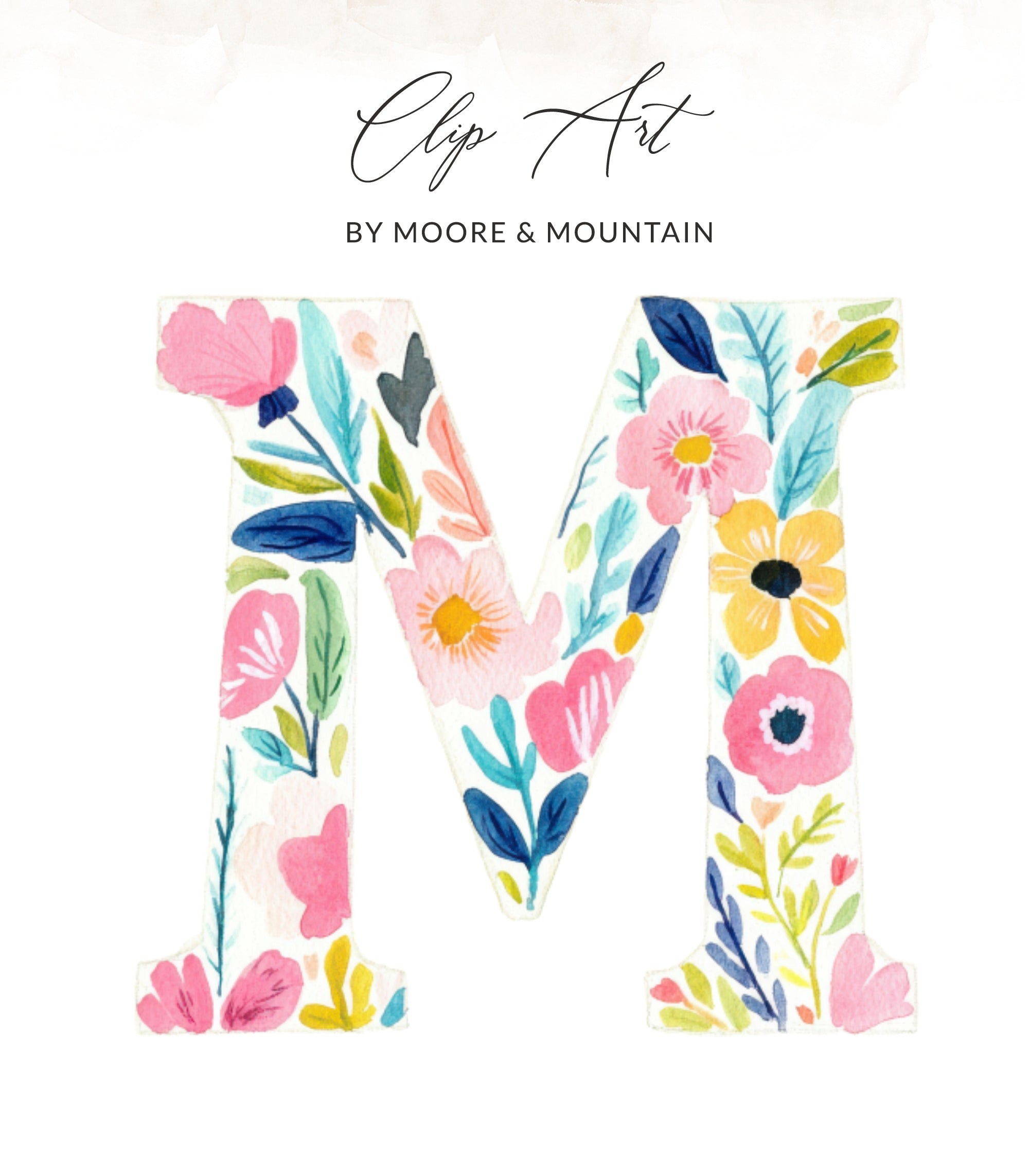Floral letter M with "Clip Art by Moore & Mountain" text.