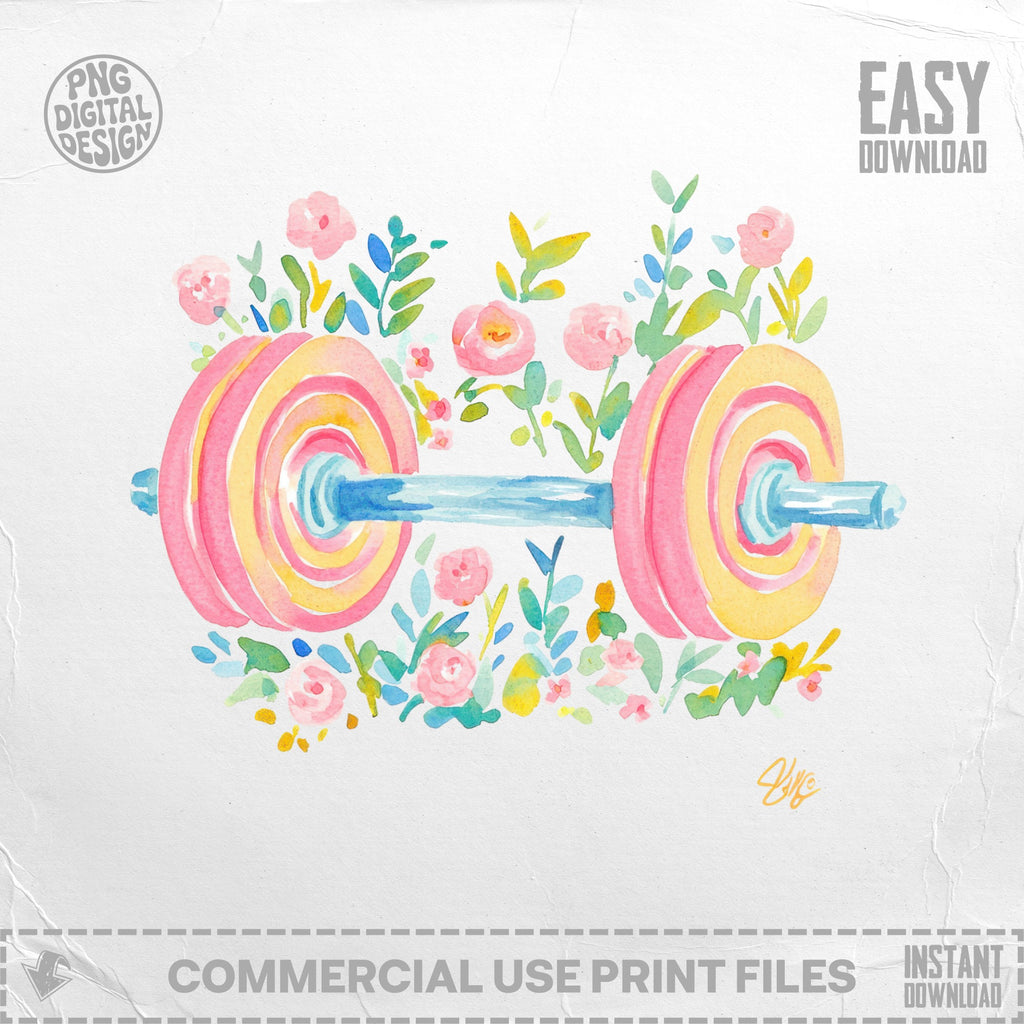 Watercolor dumbbell surrounded by colorful flowers, with "PNG DIGITAL DESIGN" and "EASY DOWNLOAD" labels.