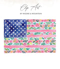 Watercolor American flag with floral stripes and star field.