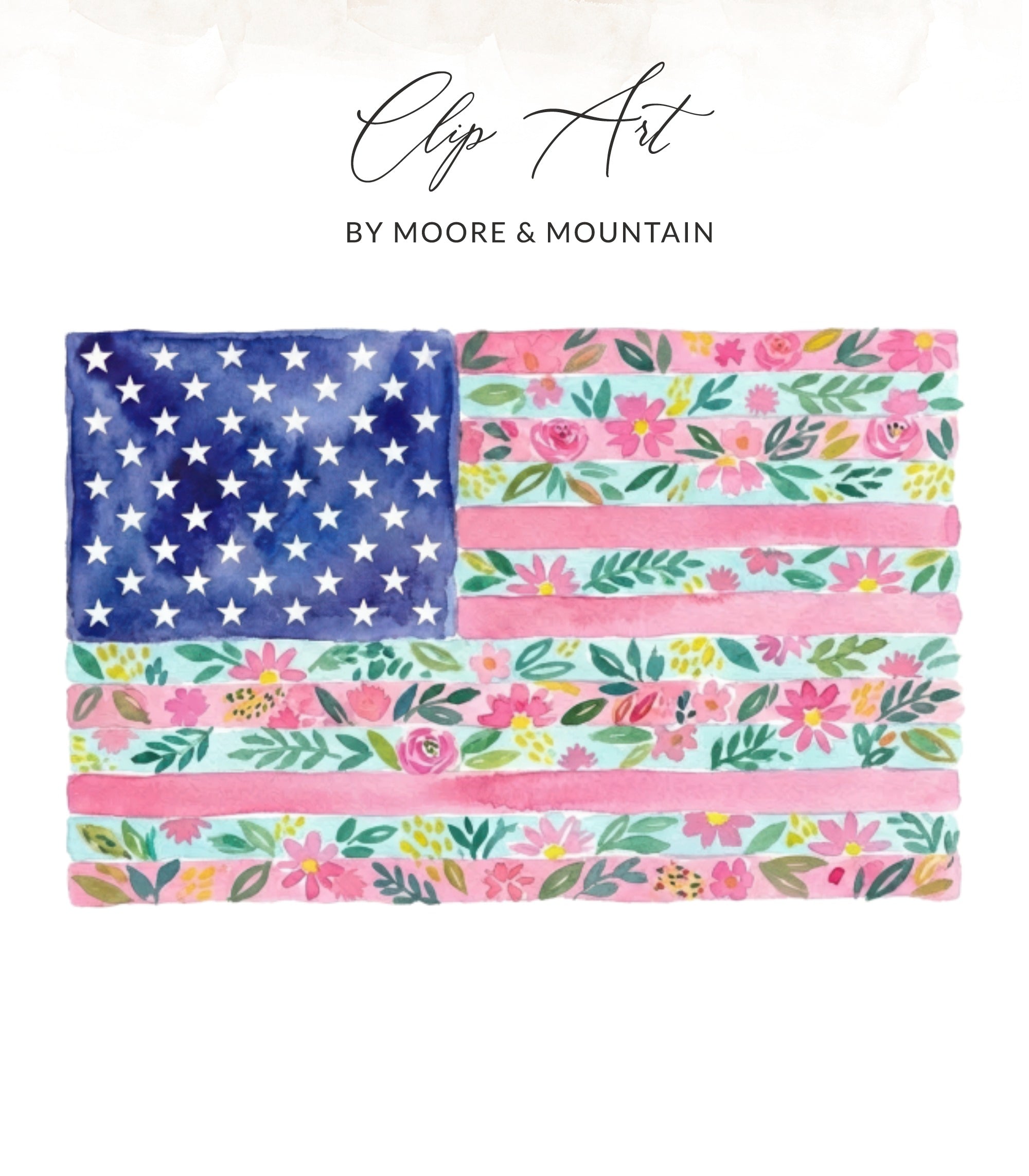 Watercolor American flag with floral stripes and star field.