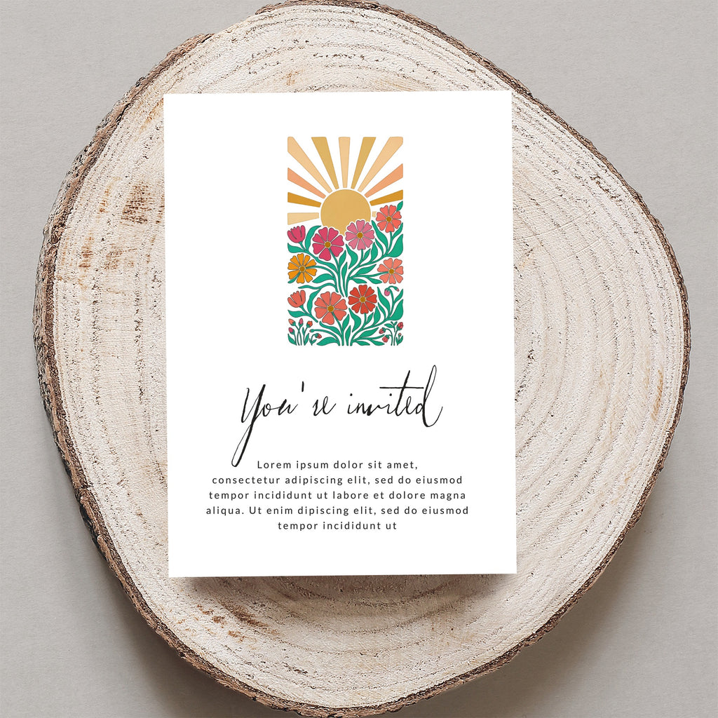 Greeting card with floral sunburst and "You're invited" text.