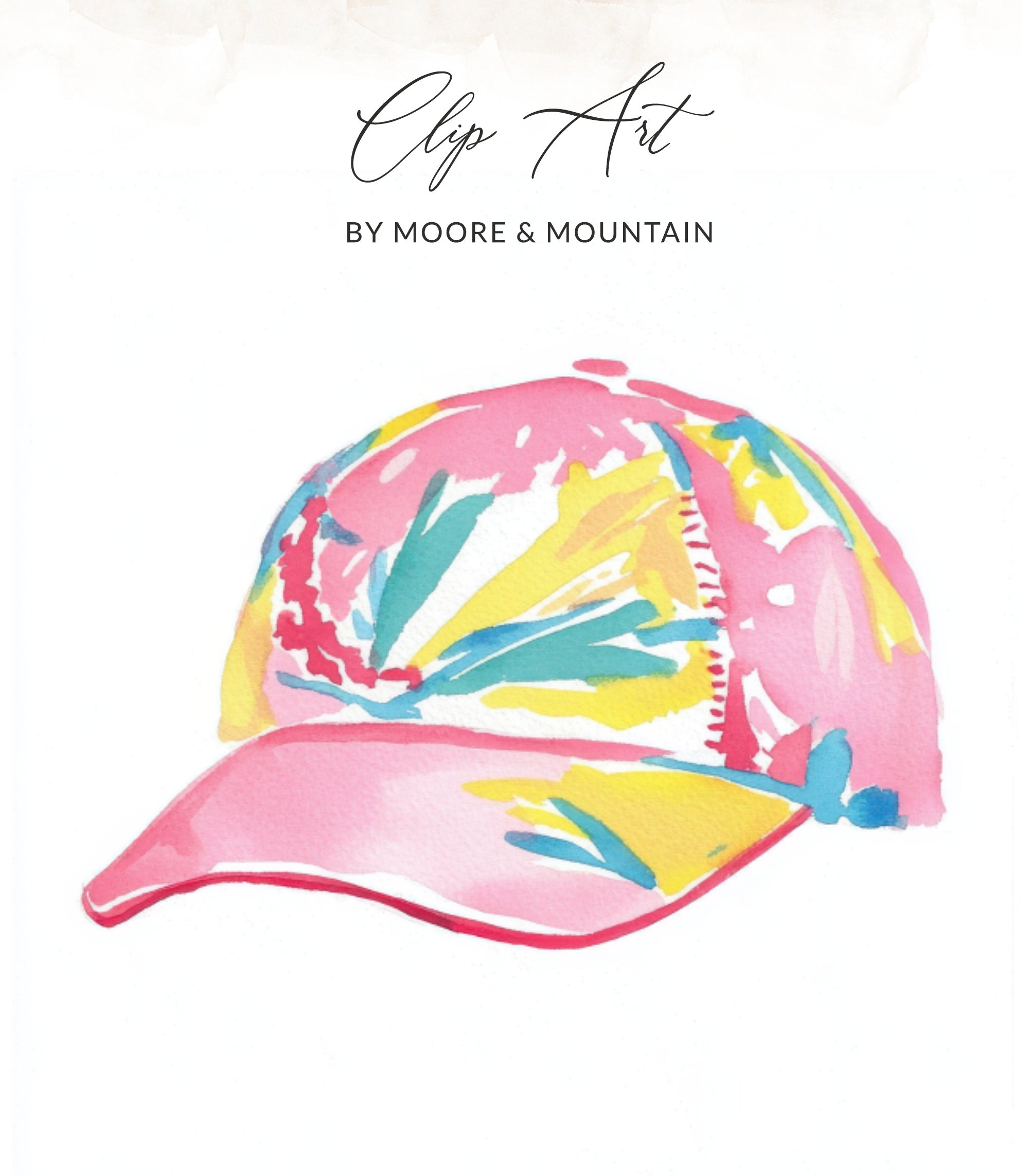 Watercolor clip art of a pink baseball cap with abstract blue, yellow, and green splashes.