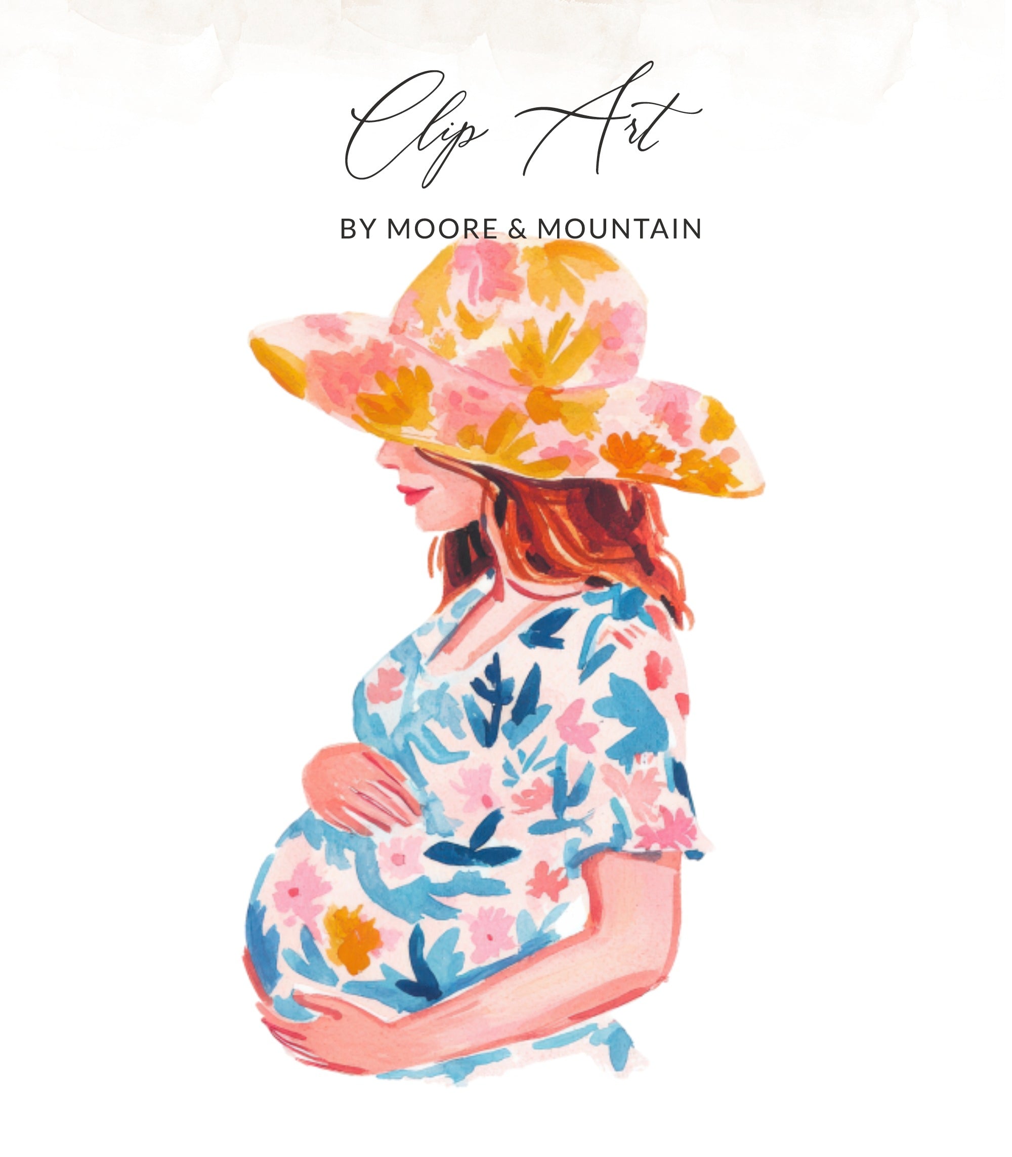 Pregnant woman in floral dress and wide-brimmed hat.