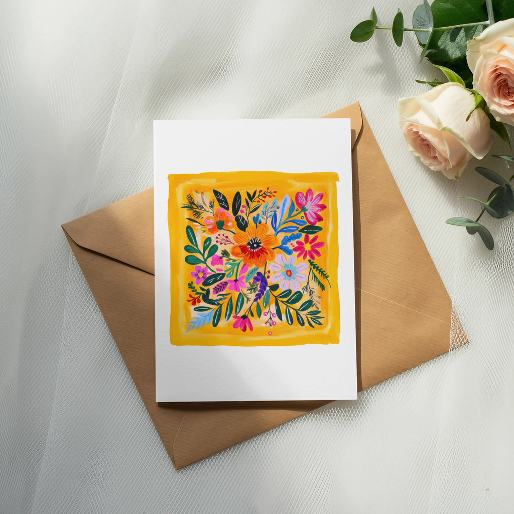 Floral illustration on a white card atop a brown envelope.