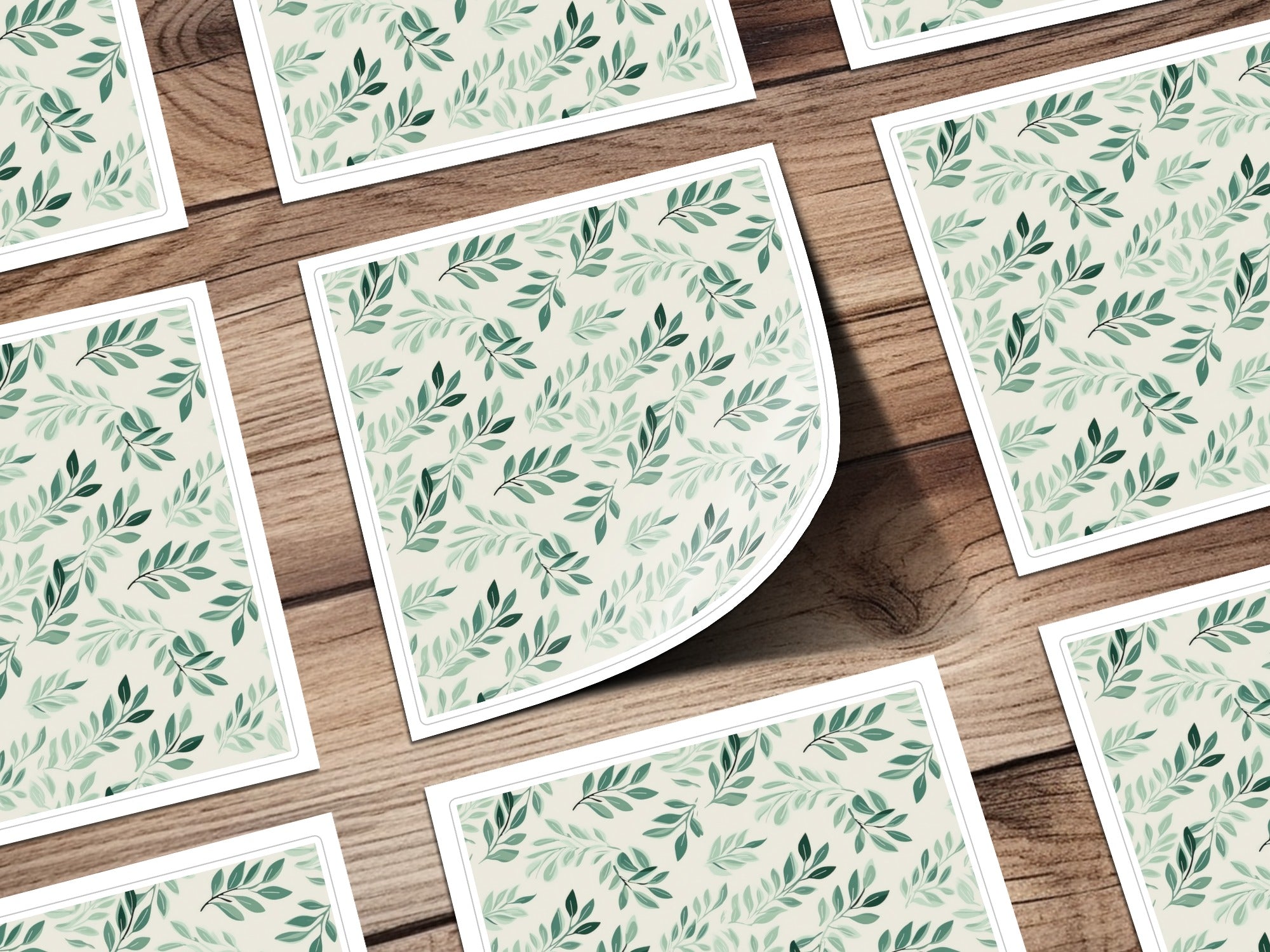 Elegant Botanical Green Leaf Print on White Card Stock